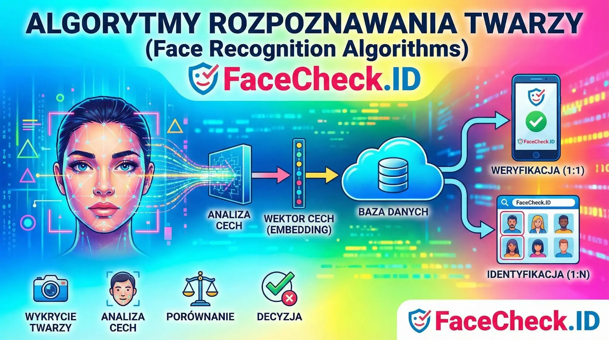 Infografika przedstawiająca algorytmy rozpoznawania twarzy, proces analizy cech, wektoryzacji oraz weryfikacji i identyfikacji tożsamości.