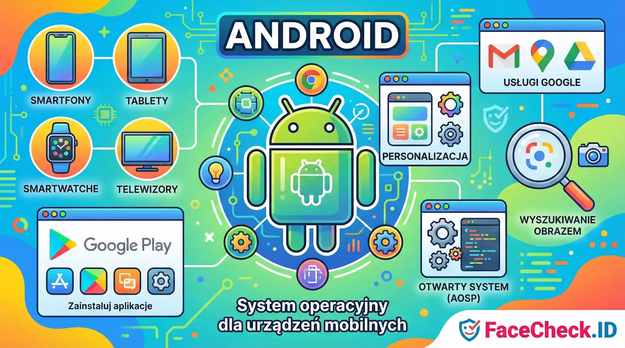 Android Kolorowa infografika systemu Android pokazująca funkcje, urządzenia mobilne, personalizację, Google Play i usługi Google.