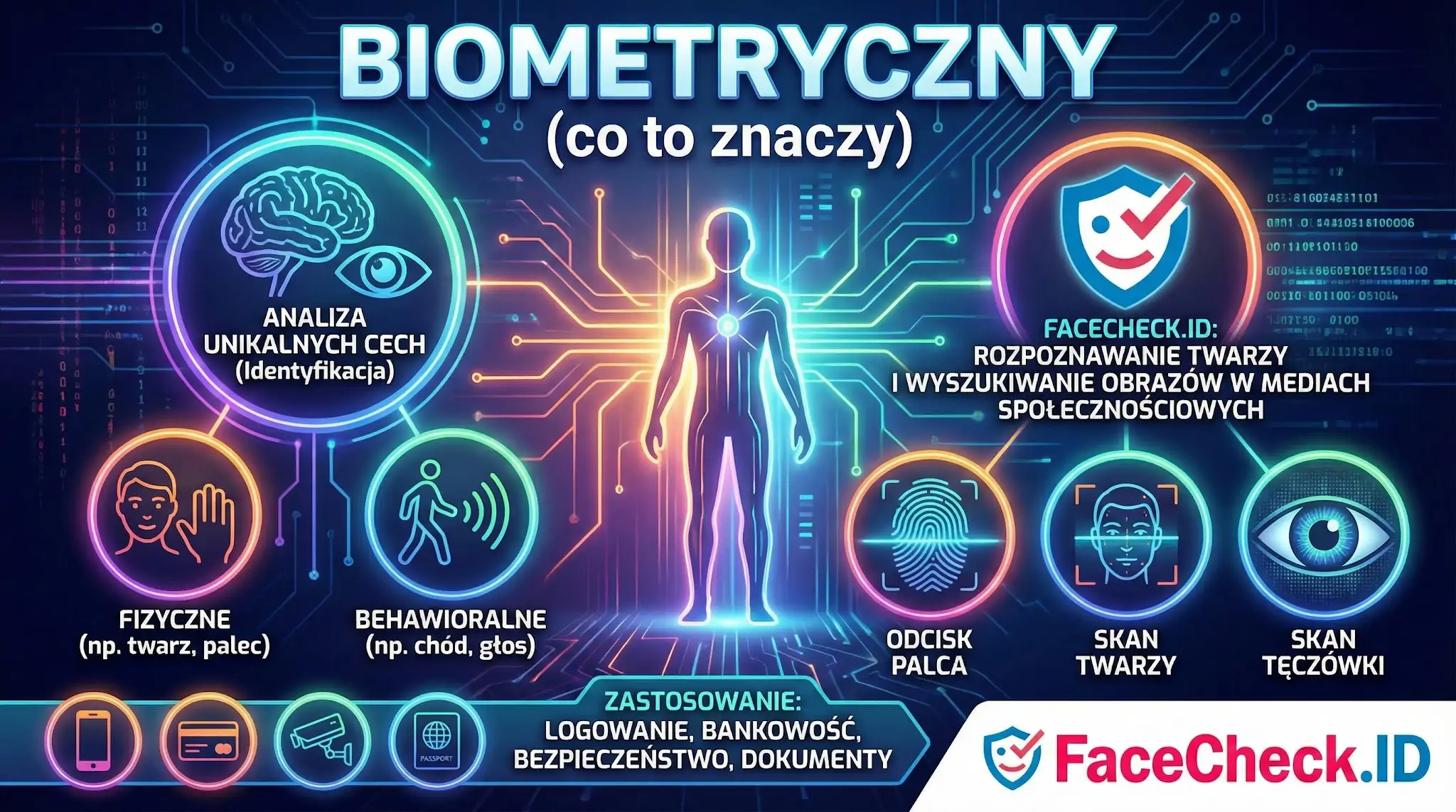 Infografika wyjaśniająca co to znaczy biometryczny, pokazująca metody identyfikacji jak odcisk palca, skan twarzy i tęczówki oraz ich zastosowanie.