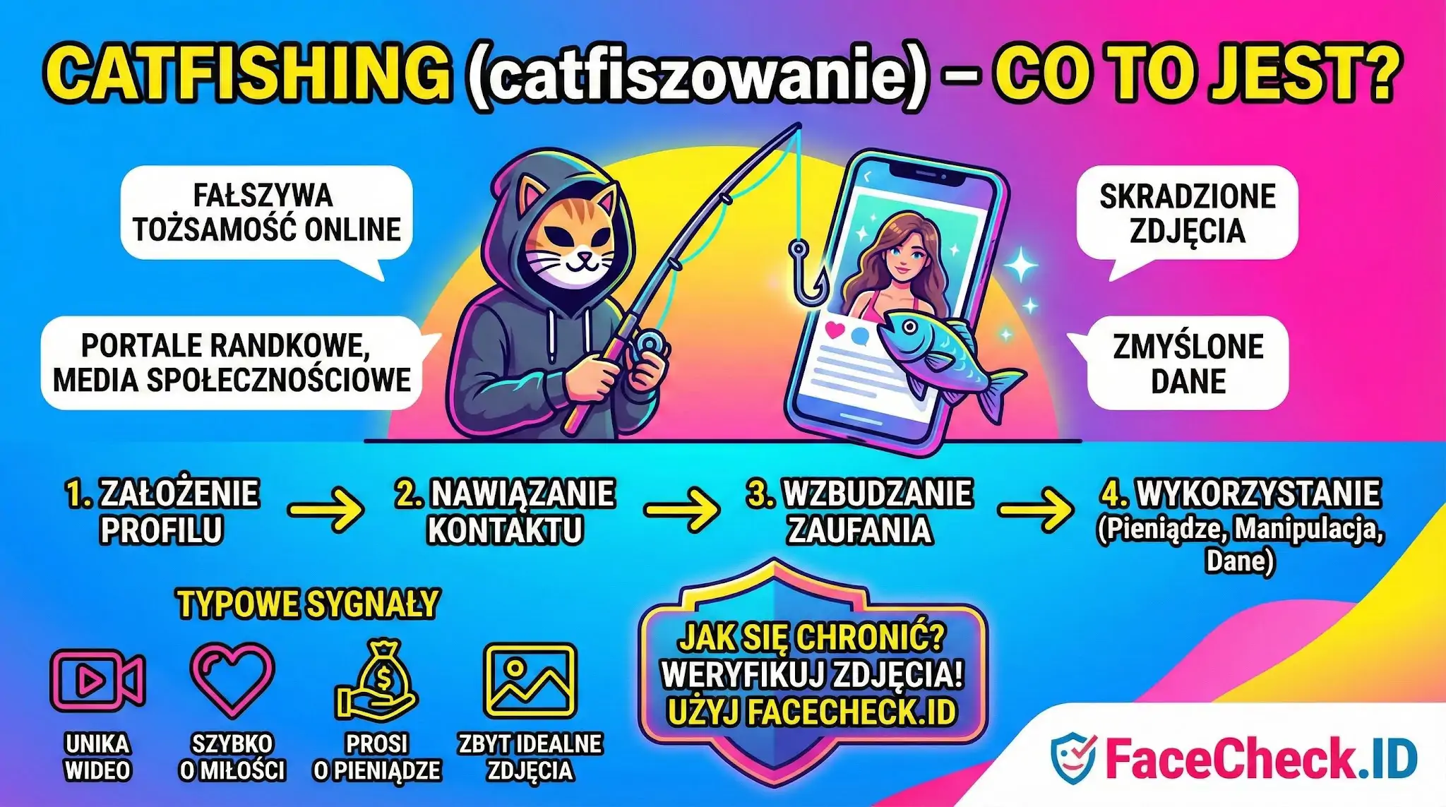Catfishing Infografika wyjaśniająca catfishing: fałszywa tożsamość online, skradzione zdjęcia, zmyślone dane oraz jak się chronić.
