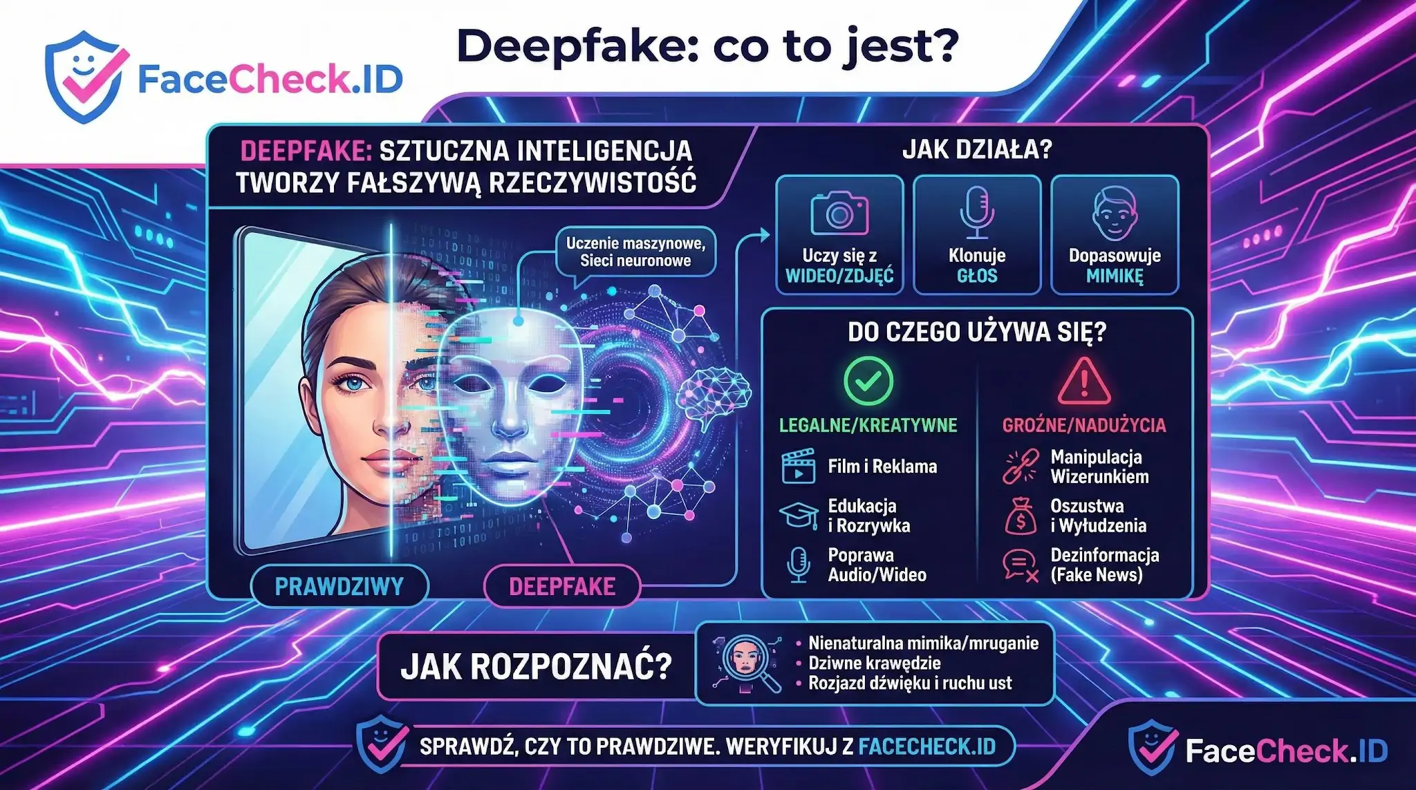 Infografika wyjaśniająca co to jest Deepfake: sztuczna inteligencja tworząca fałszywą rzeczywistość. Pokazuje jak działa, zagrożenia i metody rozpoznawania.