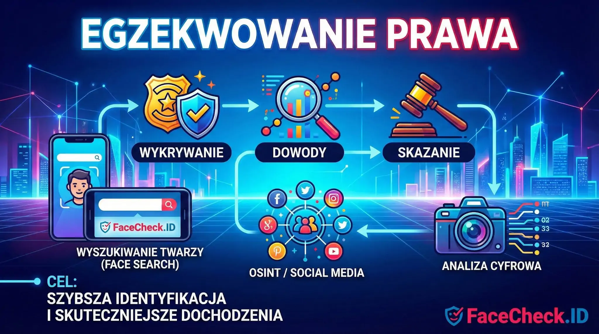 Egzekwowanie prawa: schemat śledczy od wykrywania do skazania, wykorzystujący wyszukiwanie twarzy FaceCheck.ID i analizę cyfrową.