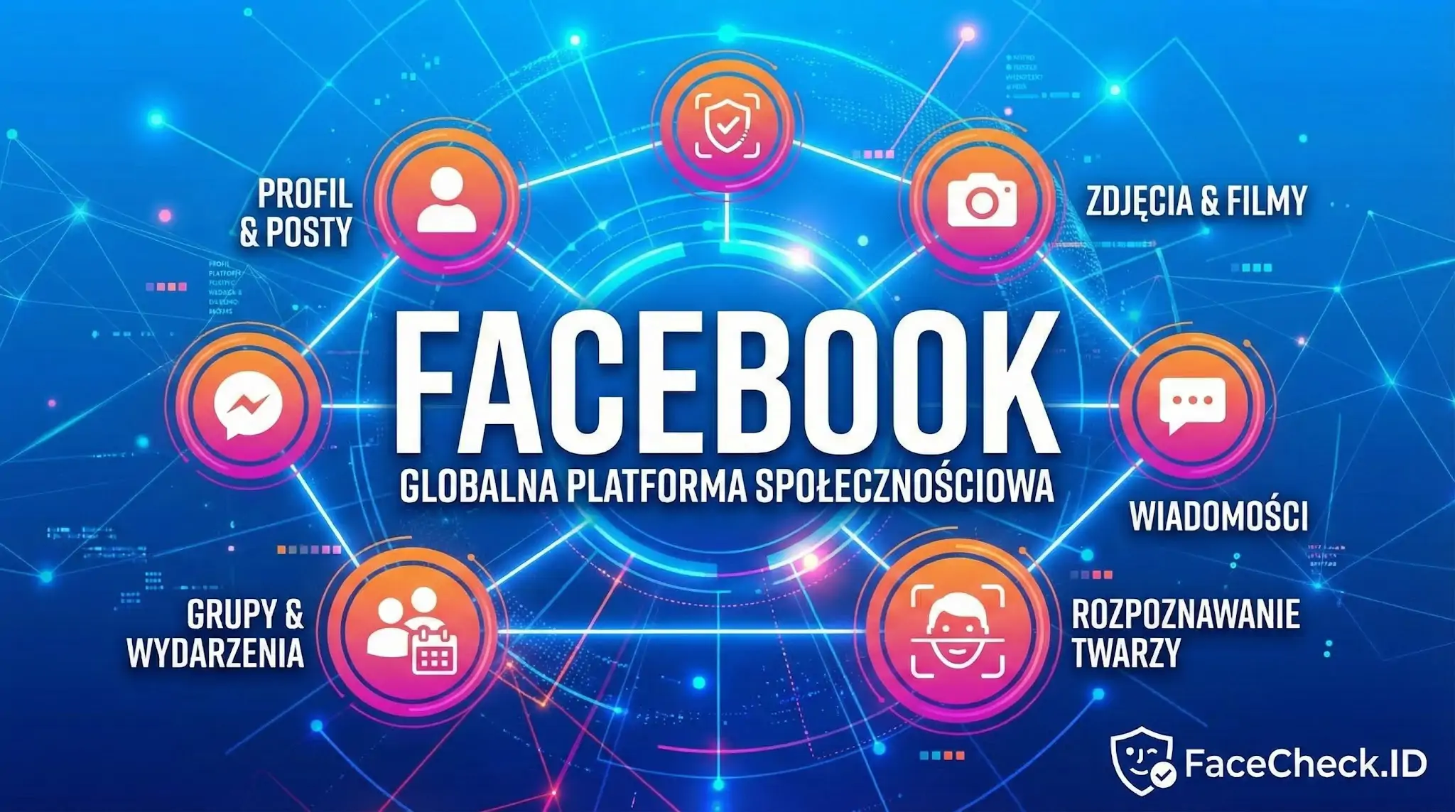Niebieska infografika Facebooka prezentująca funkcje: profil, zdjęcia i filmy, wiadomości, rozpoznawanie twarzy oraz grupy.