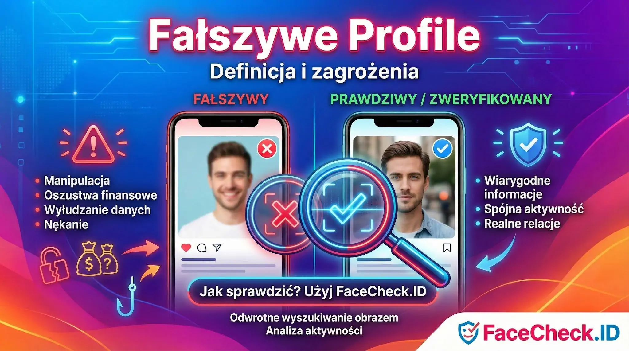 Fałszywe Profile Infografika porównująca fałszywe profile i prawdziwe konta, ostrzegająca przed oszustwami i nękaniem oraz promująca weryfikację.