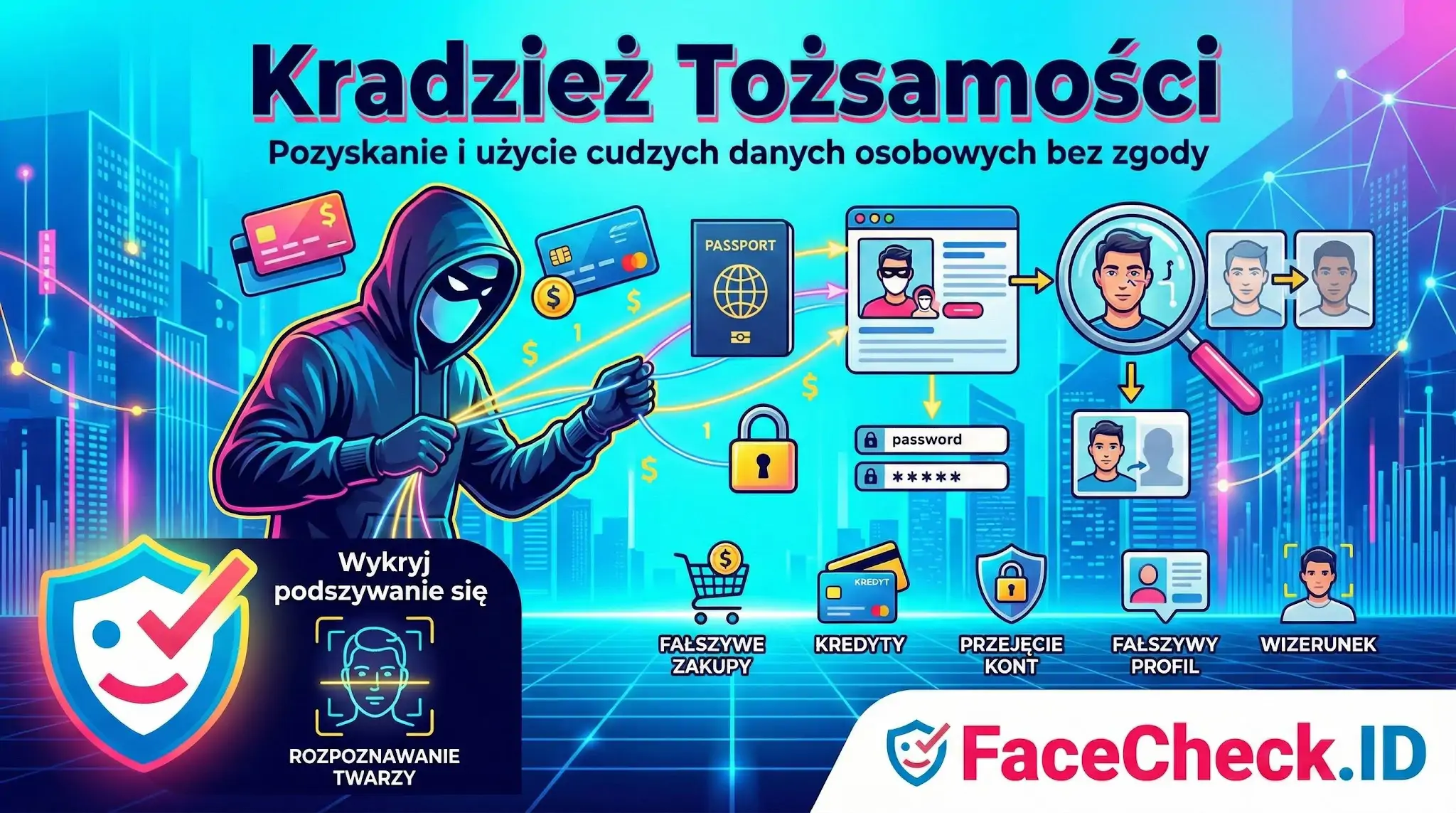 Infografika o kradzieży tożsamości pokazująca hakera kradnącego dane osobowe, karty i paszporty. Grafika wyjaśnia zagrożenia jak fałszywe zakupy i kredyty.