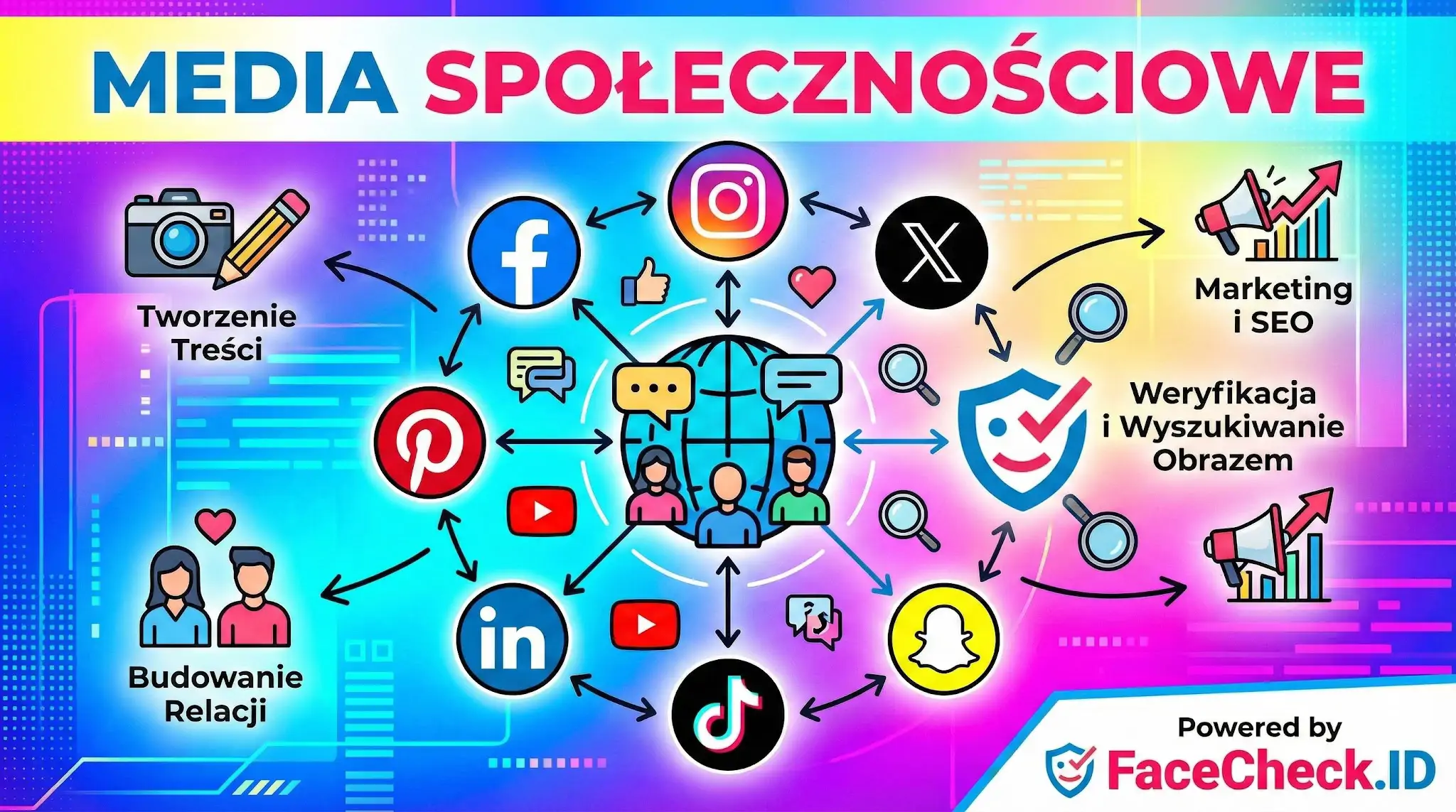 Infografika przedstawiająca media społecznościowe i powiązane z nimi działania: tworzenie treści, marketing, SEO i budowanie relacji.
