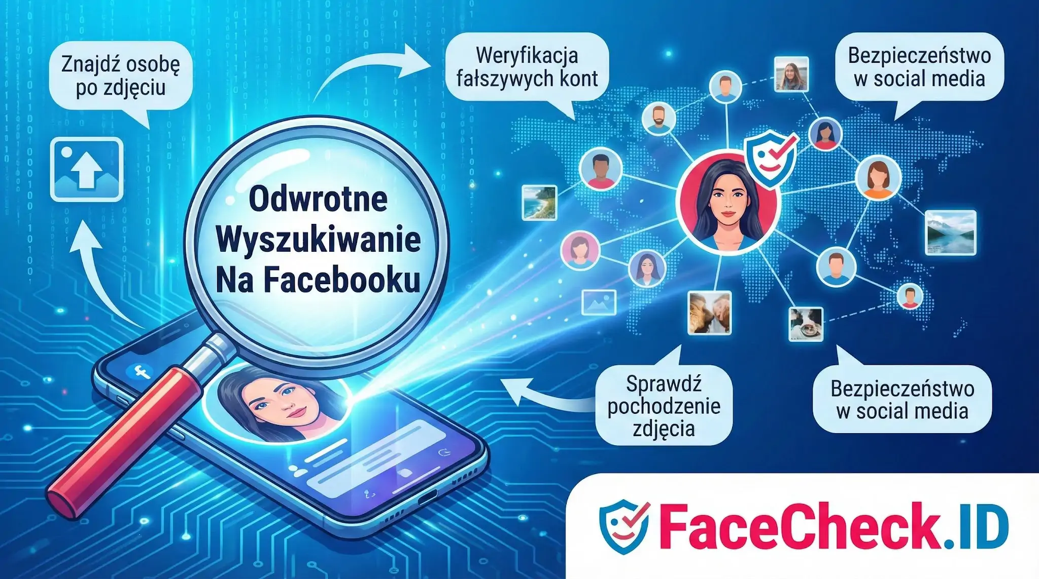 Odwrotne Wyszukiwanie Na Facebooku Grafika z lupą nad smartfonem promująca odwrotne wyszukiwanie na Facebooku przez FaceCheck.ID, umożliwiające weryfikację kont i znajdowanie osób po zdjęciu.