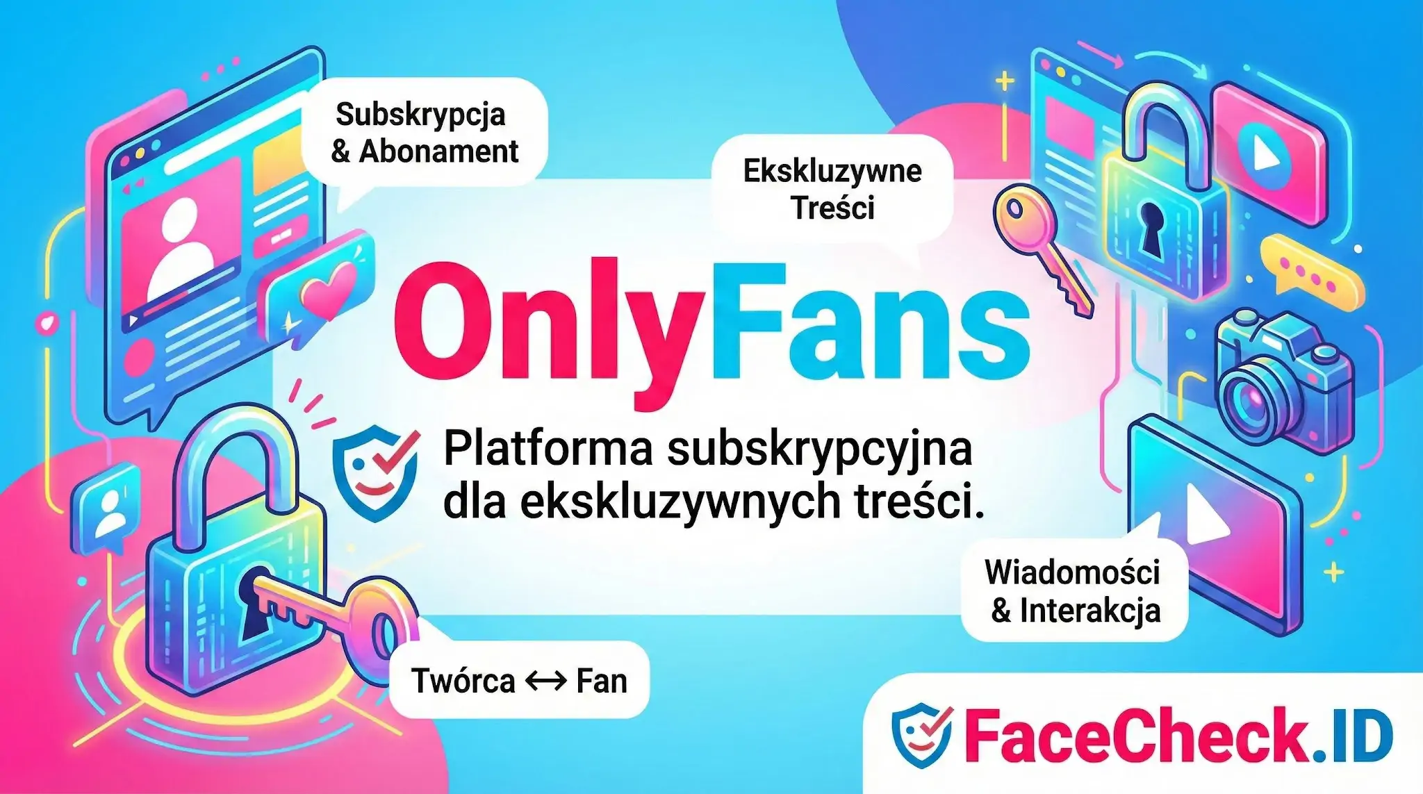 Infografika wyjaśniająca czym jest OnlyFans: platforma subskrypcyjna z ekskluzywnymi treściami, wiadomościami i interakcją fanów.