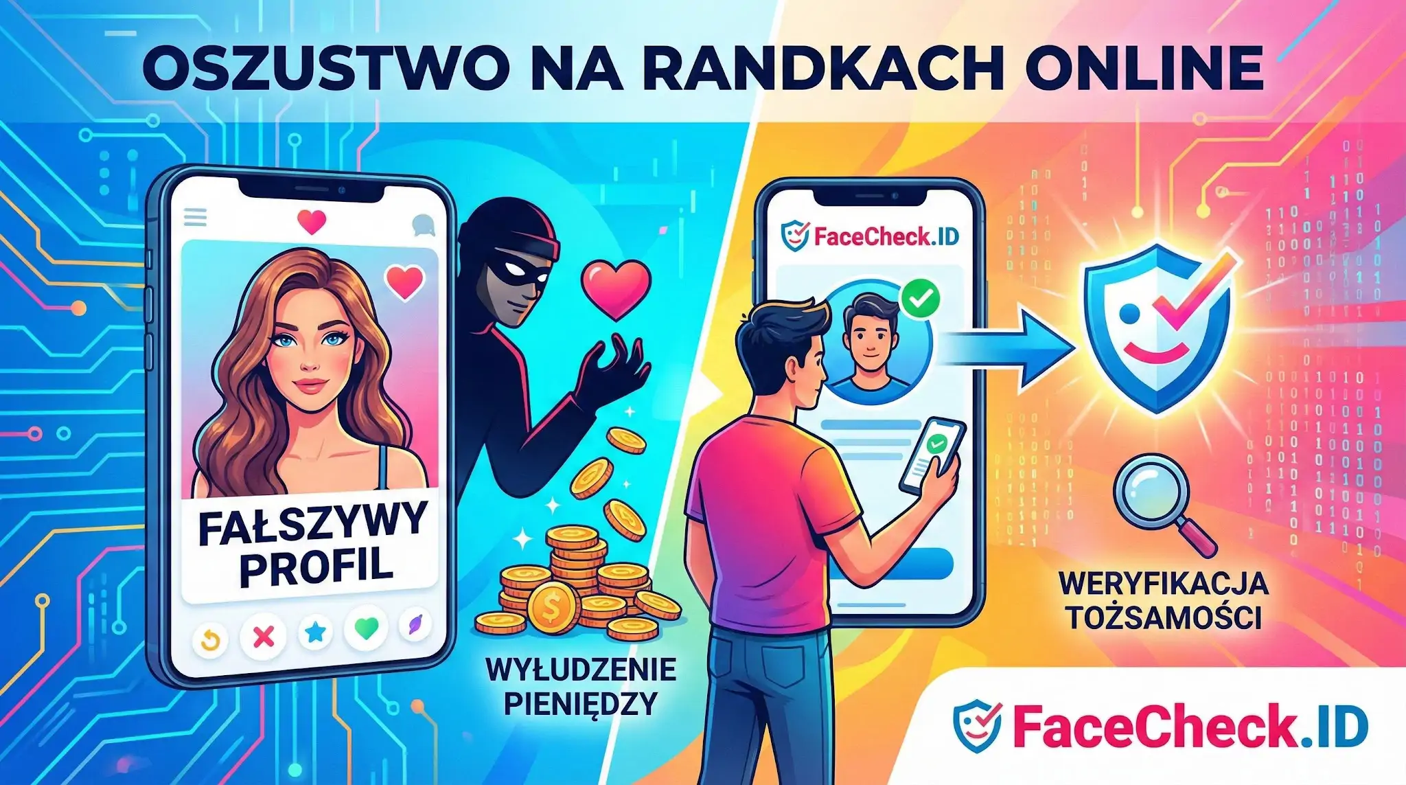 Oszustwo Na Randkach Online Grafika przedstawiająca Oszustwo Na Randkach Online: po lewej złodziej tworzy fałszywy profil, by wyłudzić pieniądze, po prawej FaceCheck.ID służący do weryfikacji tożsamości.