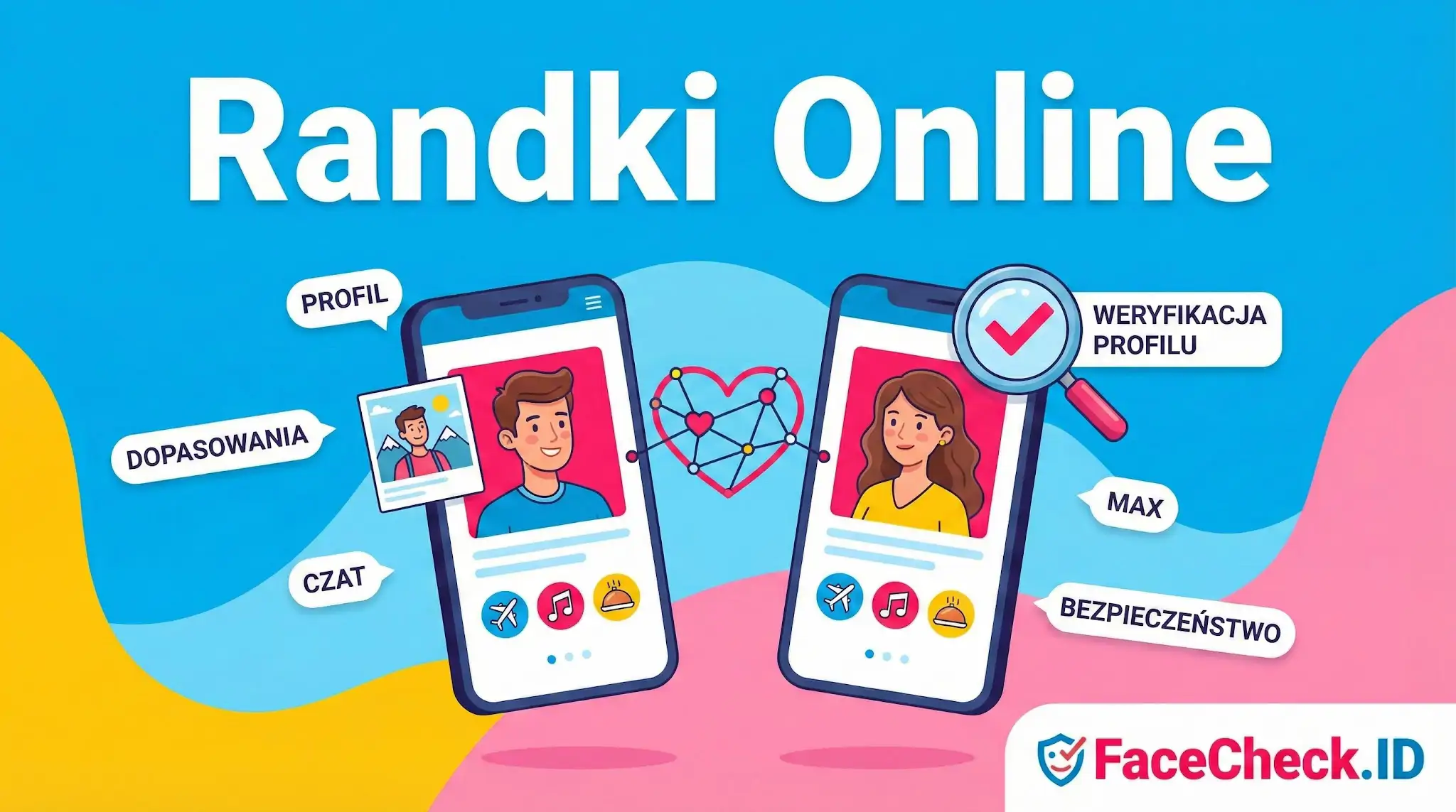 Grafika promująca bezpieczne Randki Online na telefonach, z funkcjami takimi jak weryfikacja profilu, czat i dopasowania.