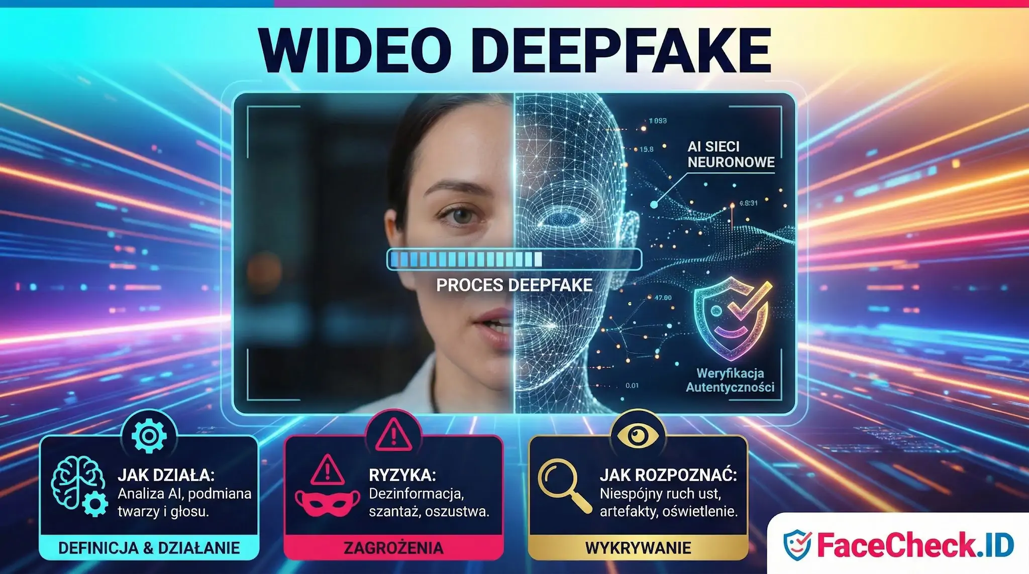 Wideo Deepfake: infografika pokazująca proces cyfrowego nakładania twarzy przez SI, ryzyka oszustw oraz sposoby ich wykrywania.