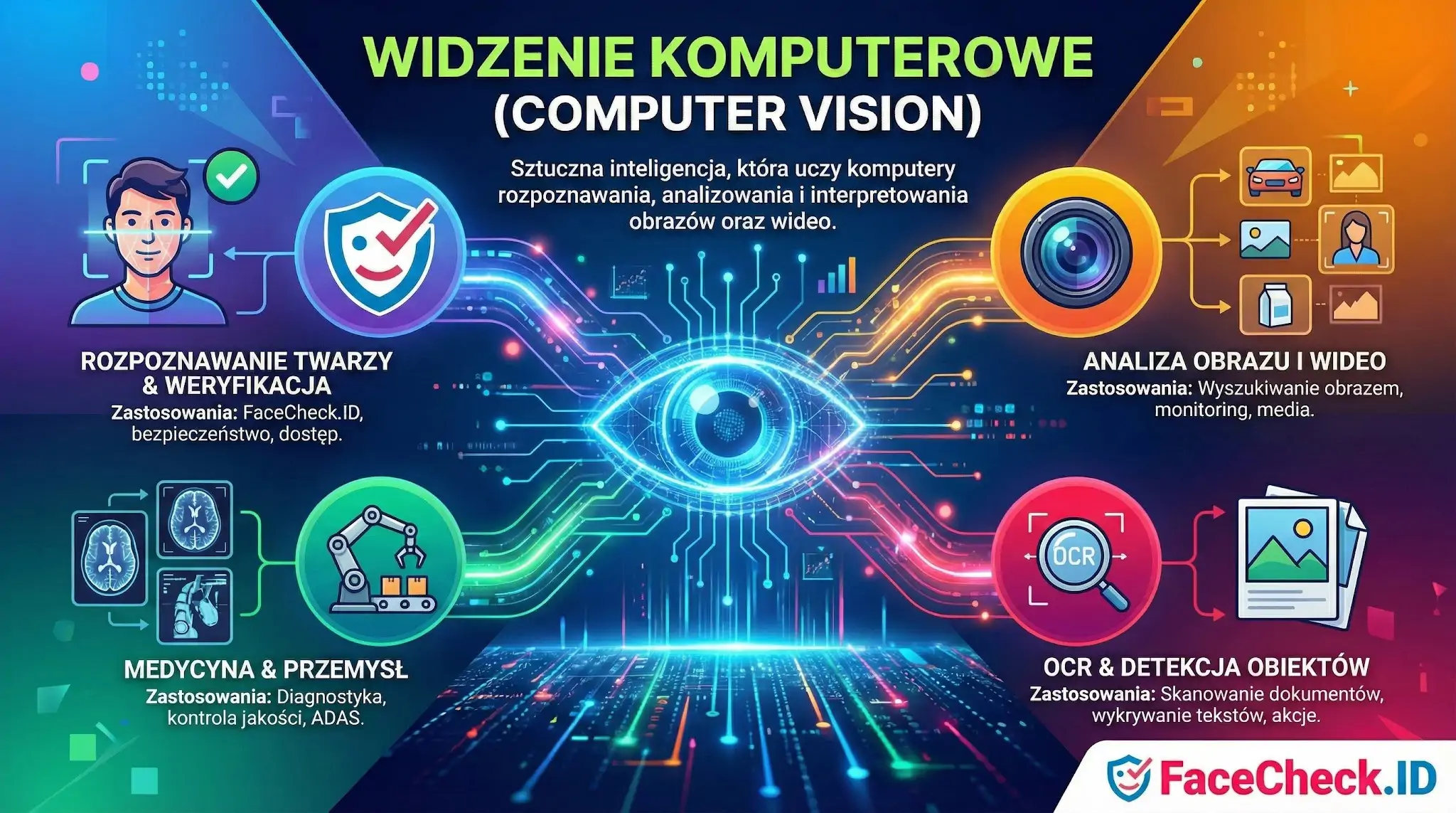 Widzenie Komputerowe (Computer Vision) – infografika z cyfrowym okiem i zastosowaniami: rozpoznawanie twarzy, medycyna, analiza wideo i OCR.