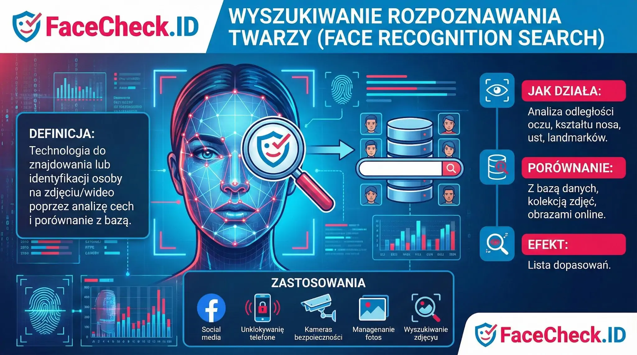 Infografika FaceCheck.ID tłumacząca wyszukiwanie rozpoznawania twarzy: definicję, analizę cech biometrycznych, porównanie z bazą i zastosowania.