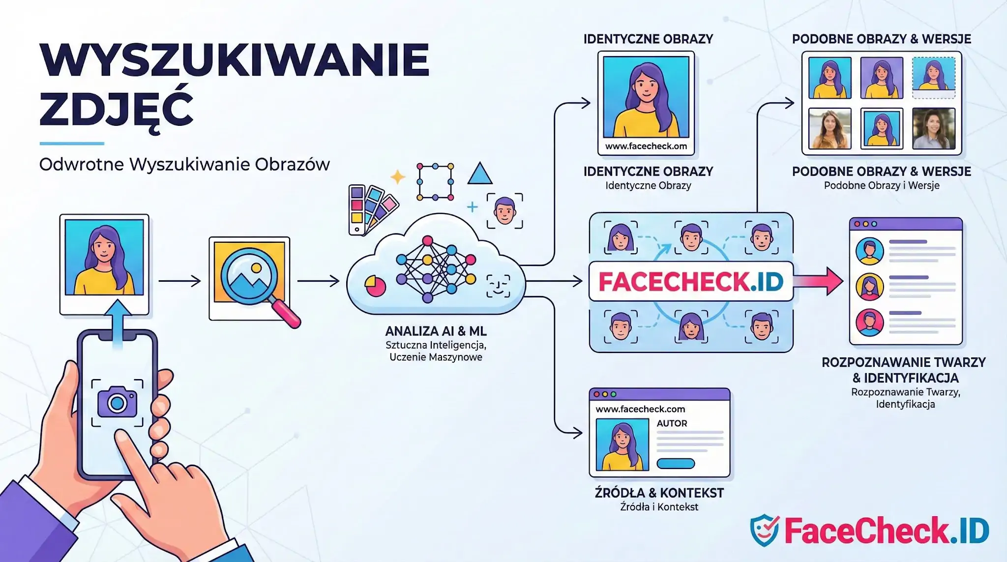 Wyszukiwanie Zdjęć Infografika przedstawiająca proces Wyszukiwanie Zdjęć za pomocą FaceCheck.ID, od przesłania fotki, przez analizę AI, po identyfikację twarzy i źródeł.