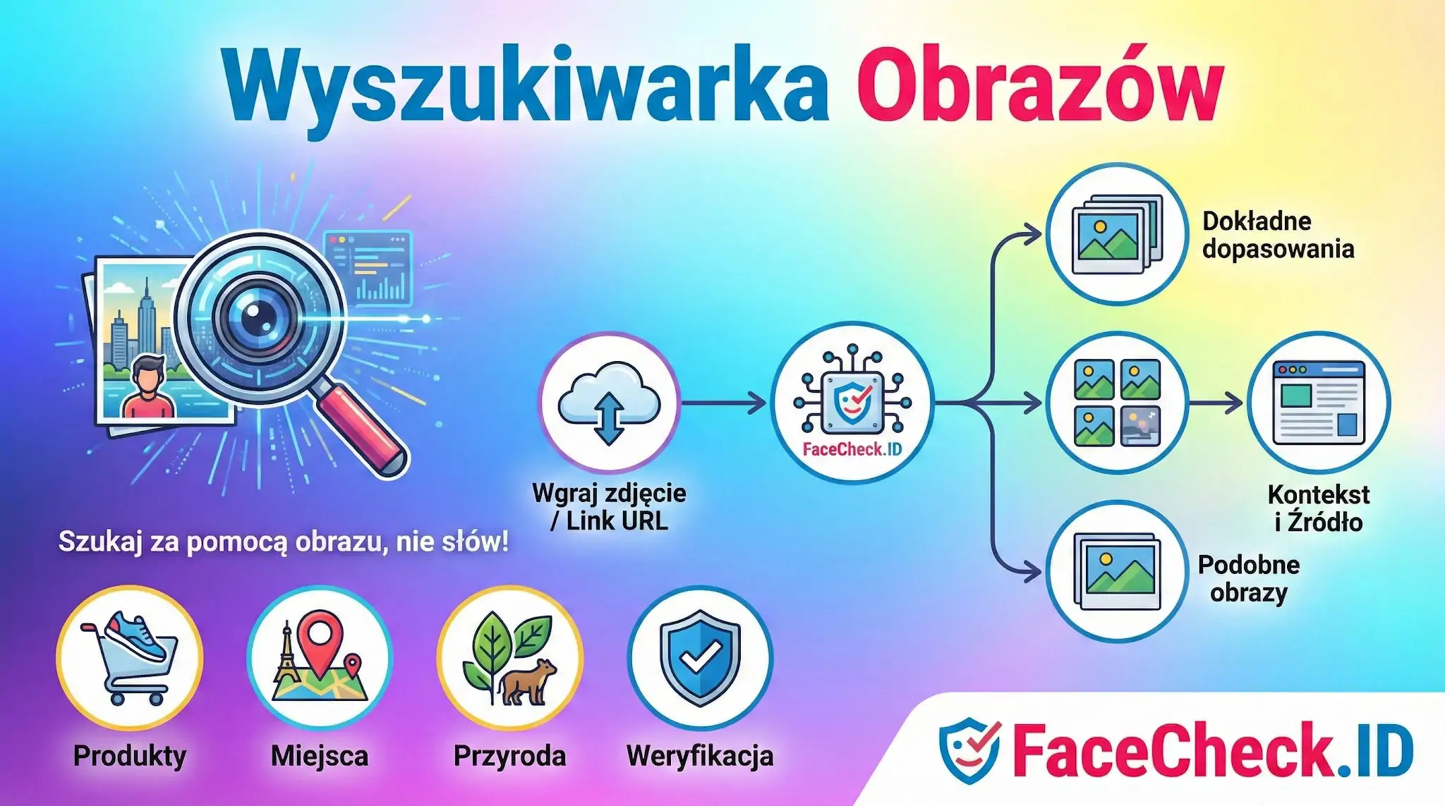 Wyszukiwarka Obrazów FaceCheck.ID: infografika pokazująca proces szukania zdjęciem – wgranie pliku, analiza i wyniki z kontekstem i źródłem.