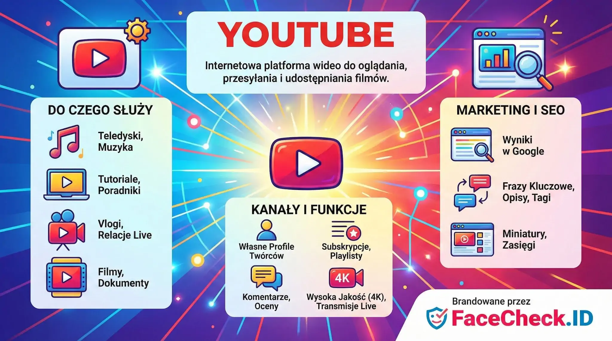Infografika wyjaśniająca czym jest YouTube, prezentująca jego funkcje, rodzaje treści wideo oraz możliwości marketingu i SEO.