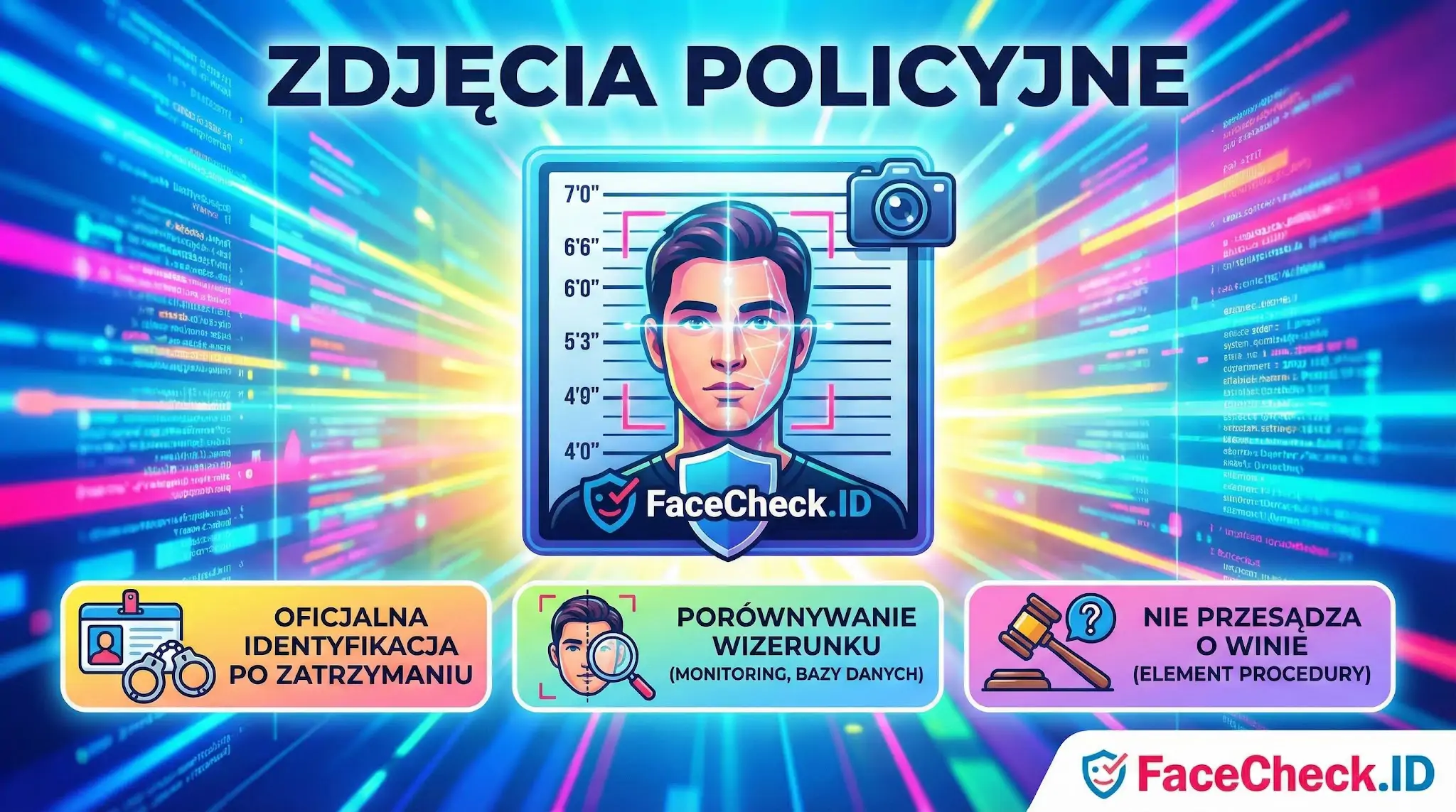 Infografika Zdjęcia Policyjne wyjaśniająca proces identyfikacji twarzy po zatrzymaniu, porównywanie wizerunku z bazami danych oraz fakt, że zdjęcie nie przesądza o winie.