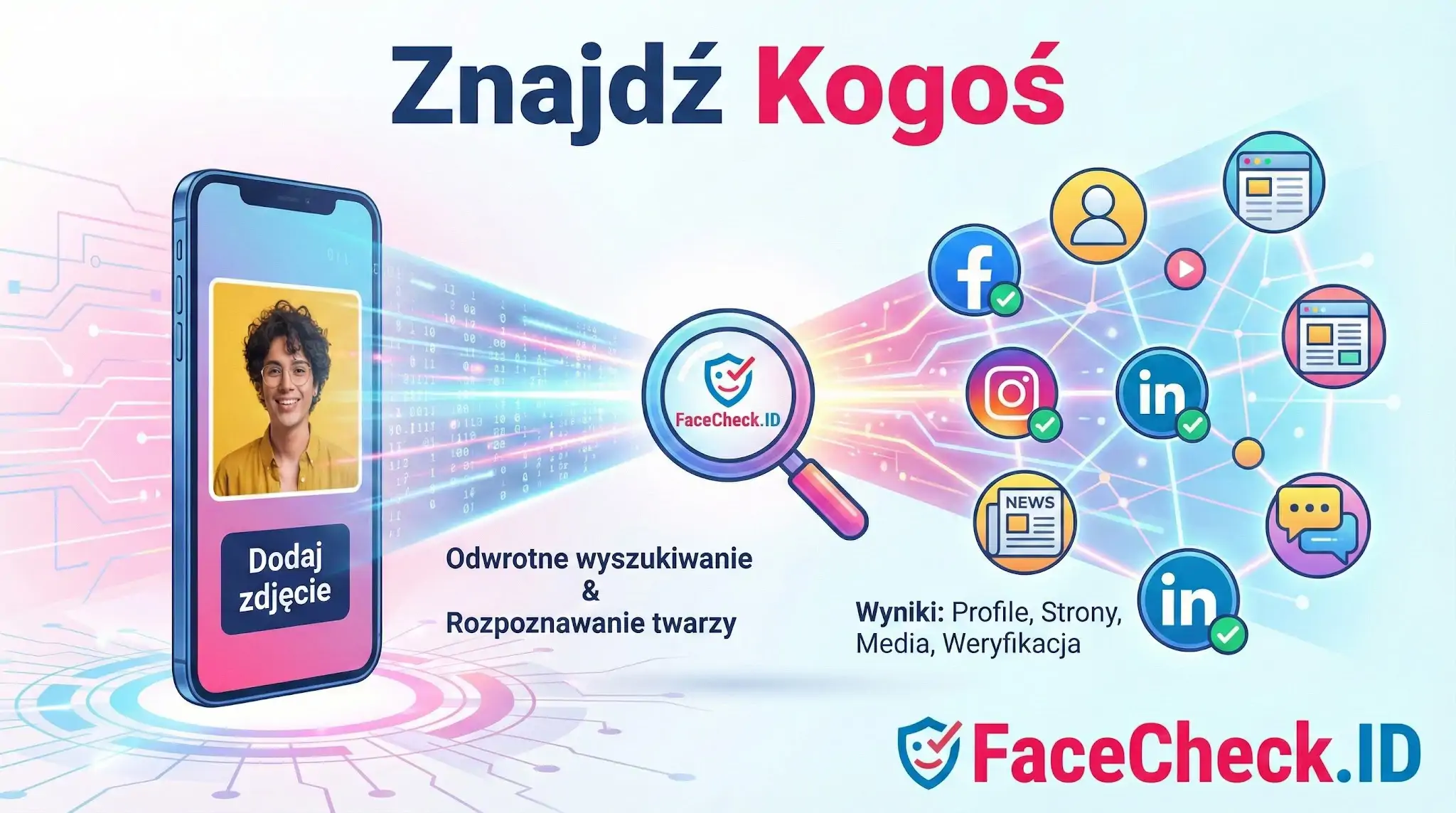 Znajdź Kogoś Smartfon ze zdjęciem i hasłem Znajdź Kogoś, ilustrujący odwrotne wyszukiwanie twarzy w mediach społecznościowych przez FaceCheck.ID.