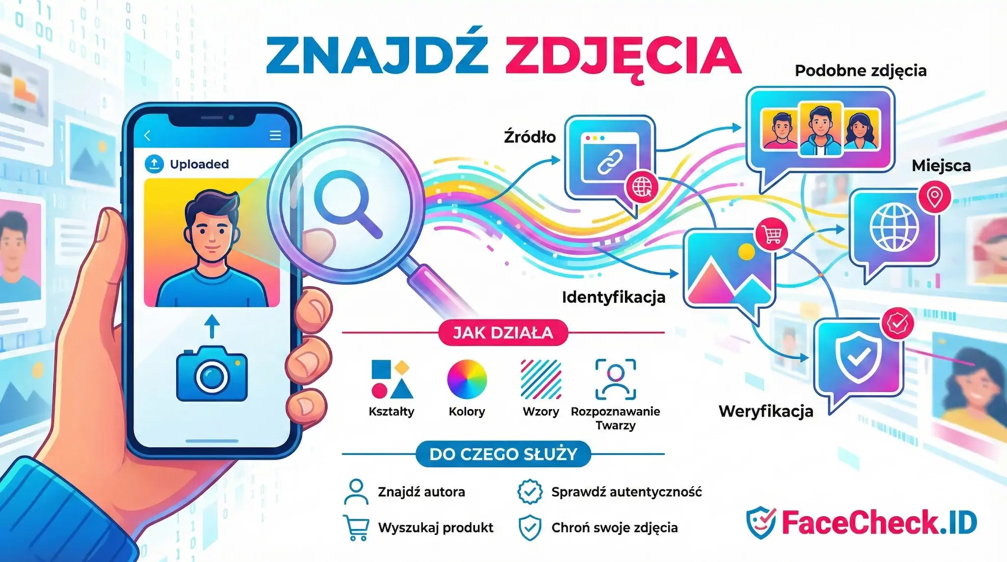 Znajdź Zdjęcia Infografika FaceCheck.ID pokazująca jak działa wyszukiwanie obrazem: znajdź zdjęcia, zidentyfikuj źródło, zweryfikuj tożsamość i chroń prywatność.