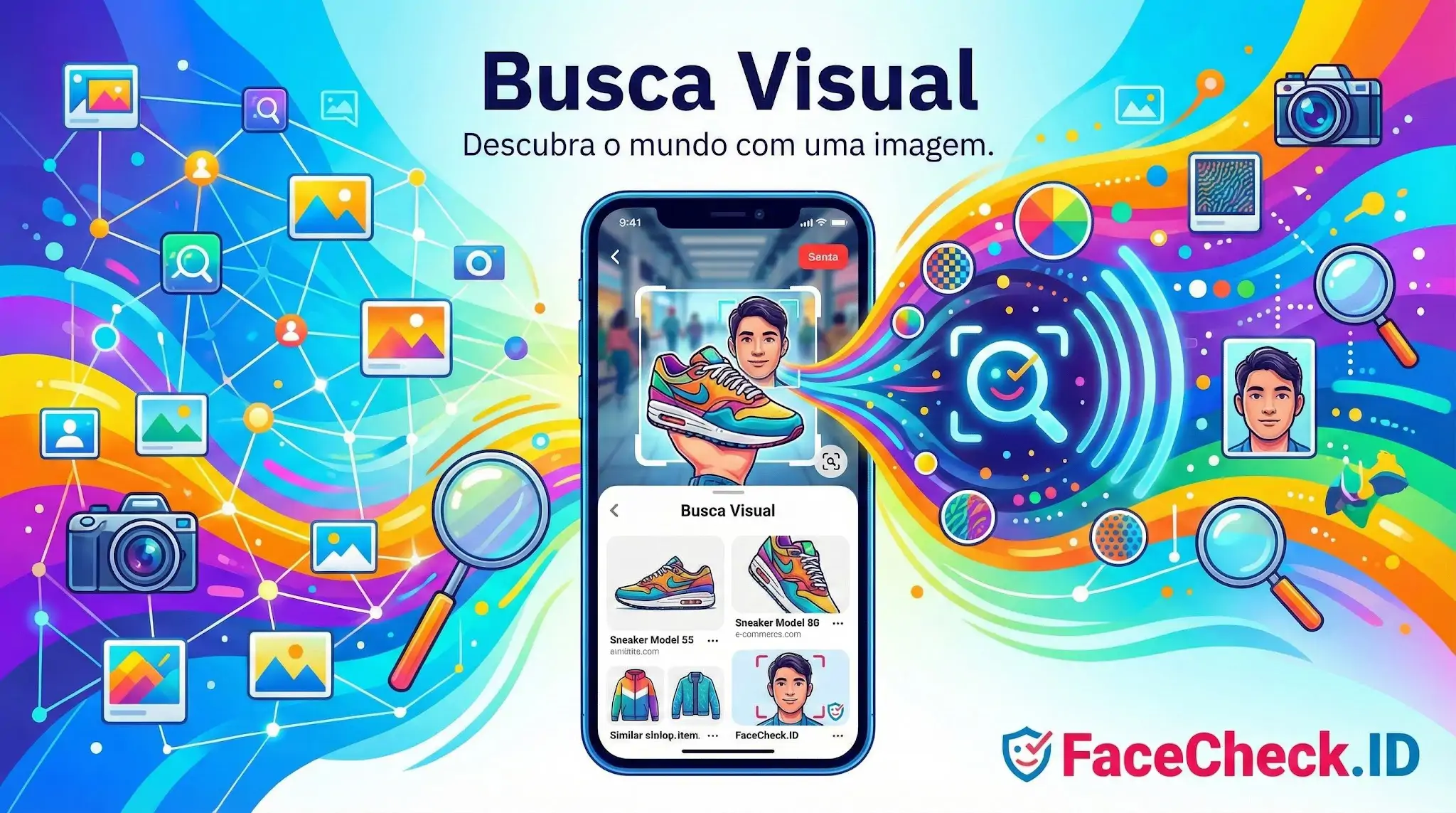 Busca Visual Ilustração de um smartphone realizando uma Busca Visual de um tênis e rosto, exibindo resultados de compras e identificação no app FaceCheck.ID.