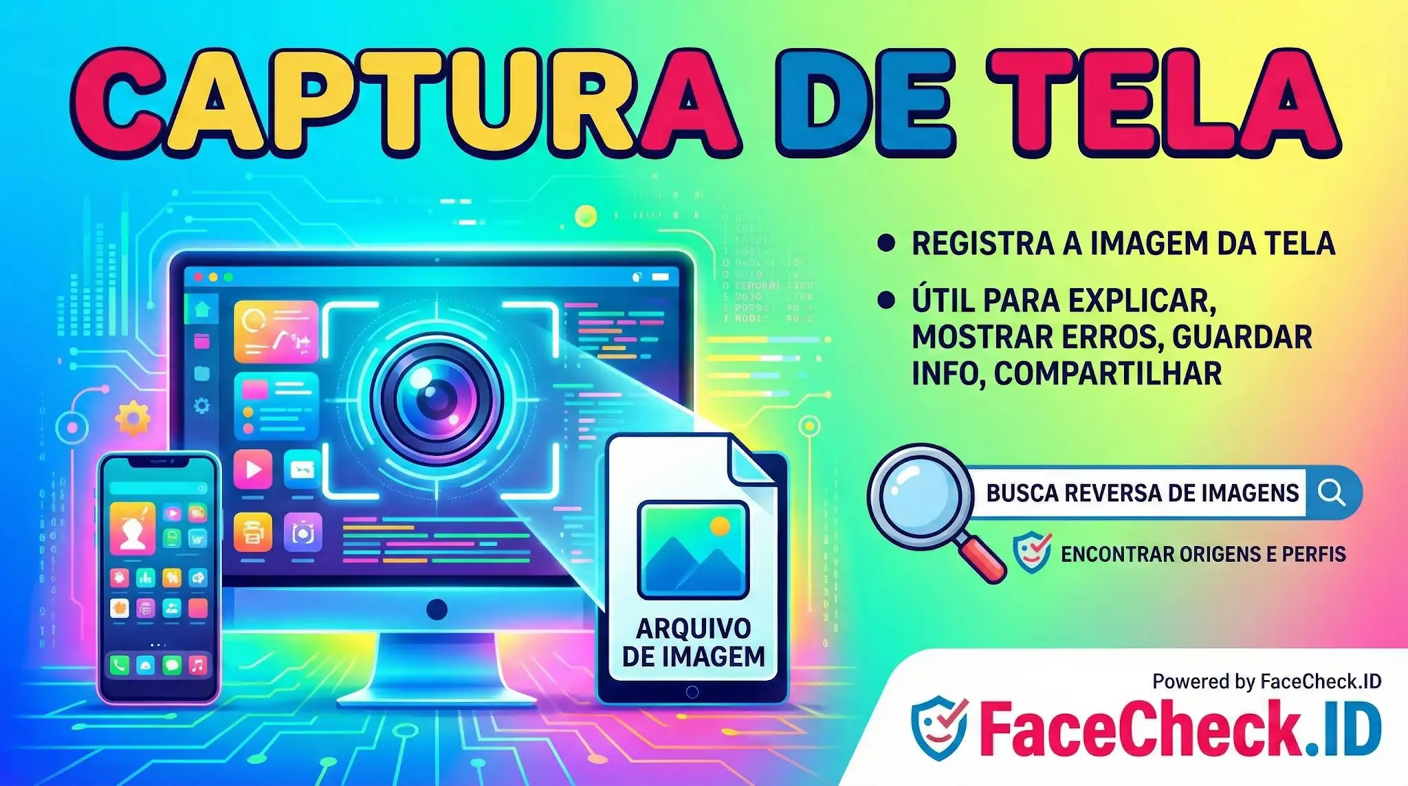 Infográfico define captura de tela com ilustração de monitor e celular, citando usos como registrar imagens, mostrar erros e busca reversa.