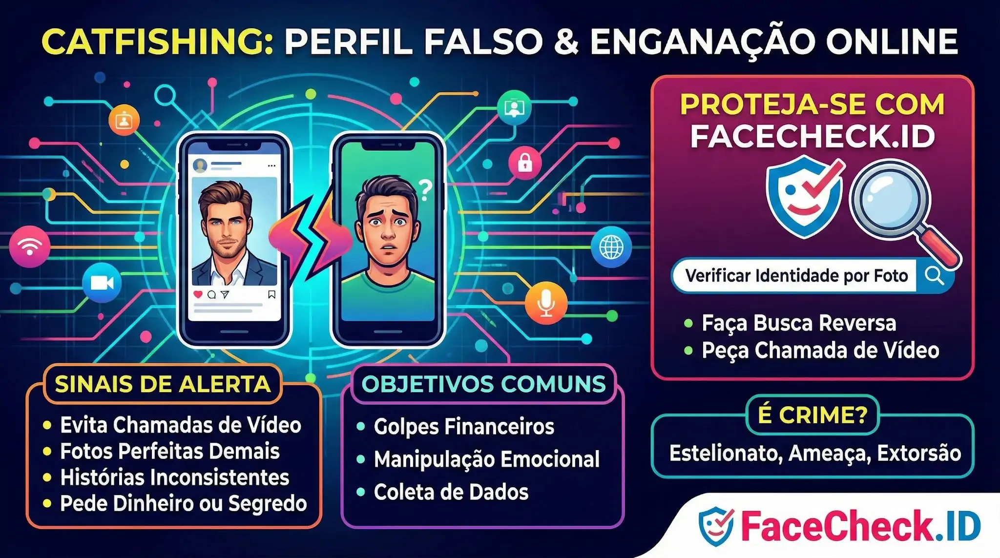 Infográfico sobre Catfishing: perfil falso e enganação online. Mostra sinais de alerta, como evitar chamadas de vídeo, objetivos comuns de golpes e recomenda o uso do FaceCheck.ID para proteção.