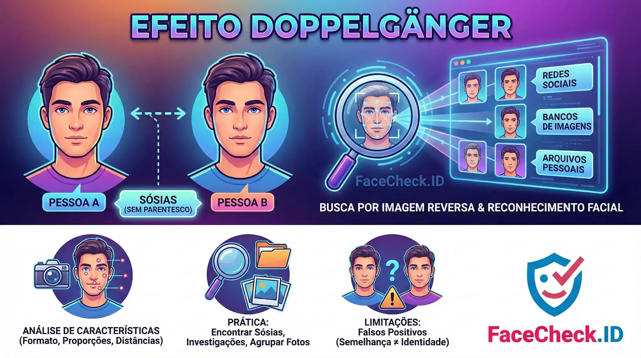 Efeito Doppelgänger Infográfico sobre Efeito Doppelgänger mostrando como o reconhecimento facial e busca reversa ajudam a encontrar sósias online.