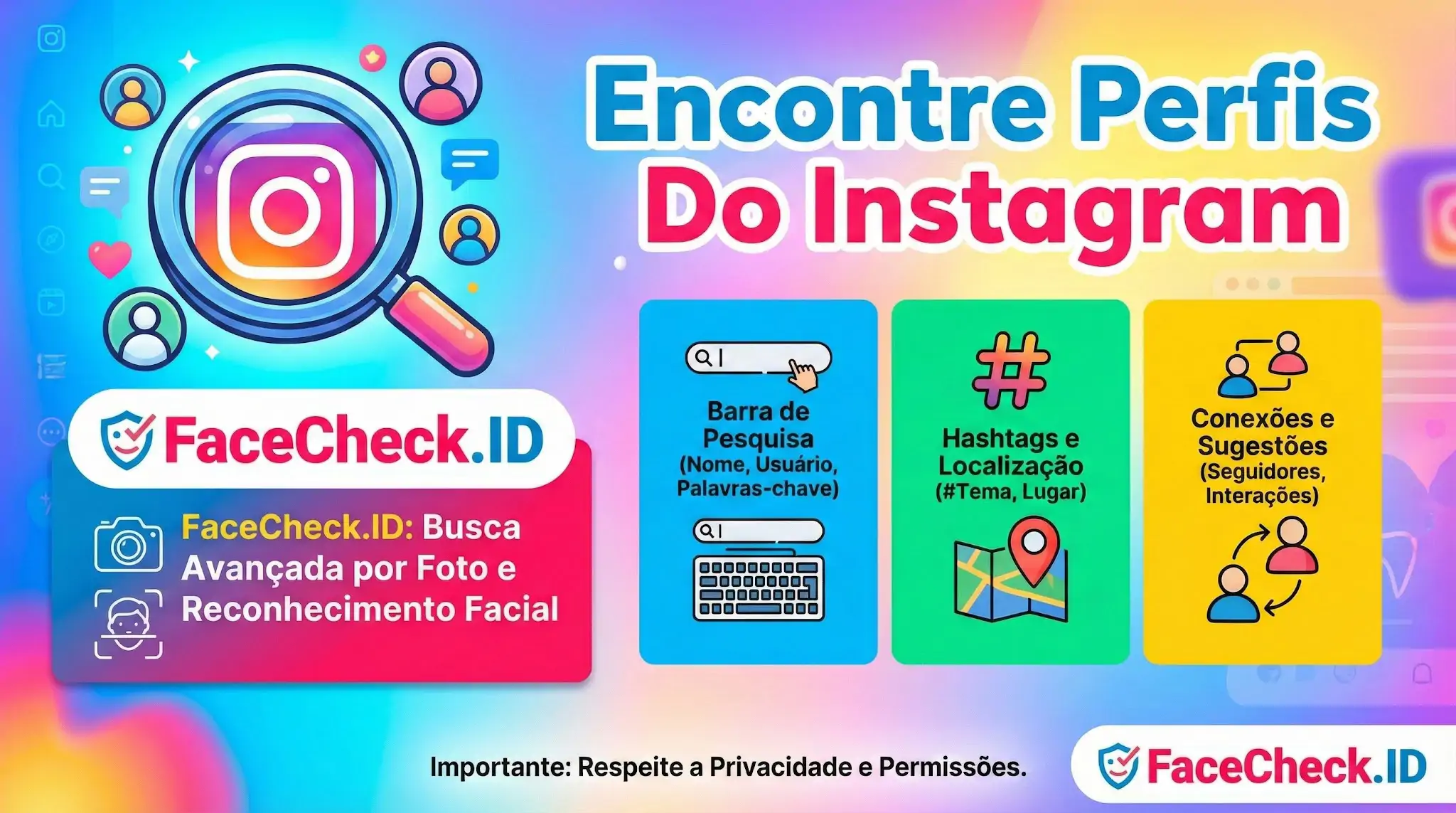 Infográfico com o título Encontre Perfis Do Instagram usando o FaceCheck.ID. O gráfico destaca uma busca avançada por foto e reconhecimento facial, além de métodos como barra de pesquisa, hashtags e conexões.