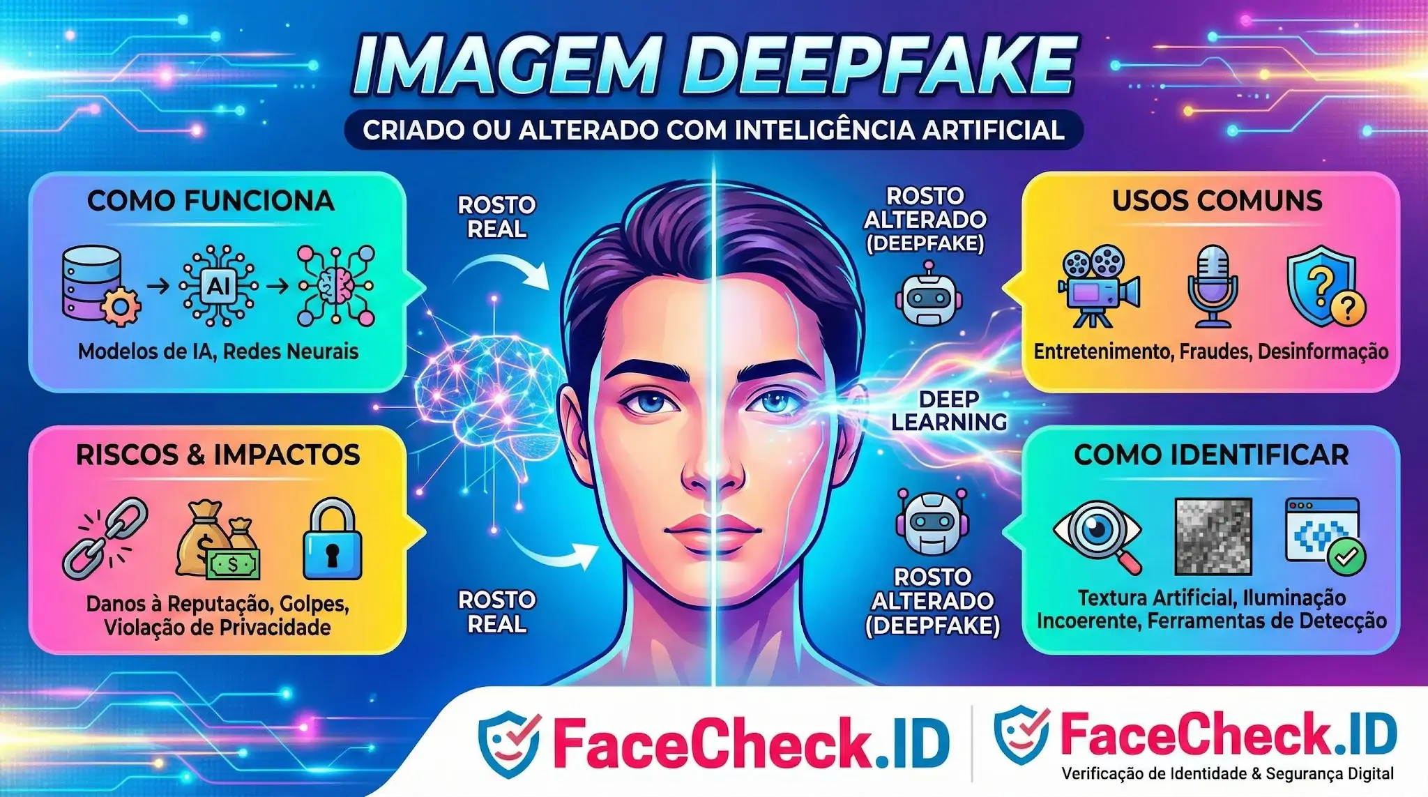 Infográfico explicativo sobre Imagem Deepfake, detalhando como funciona a tecnologia, usos comuns, riscos e como identificar alterações visuais.