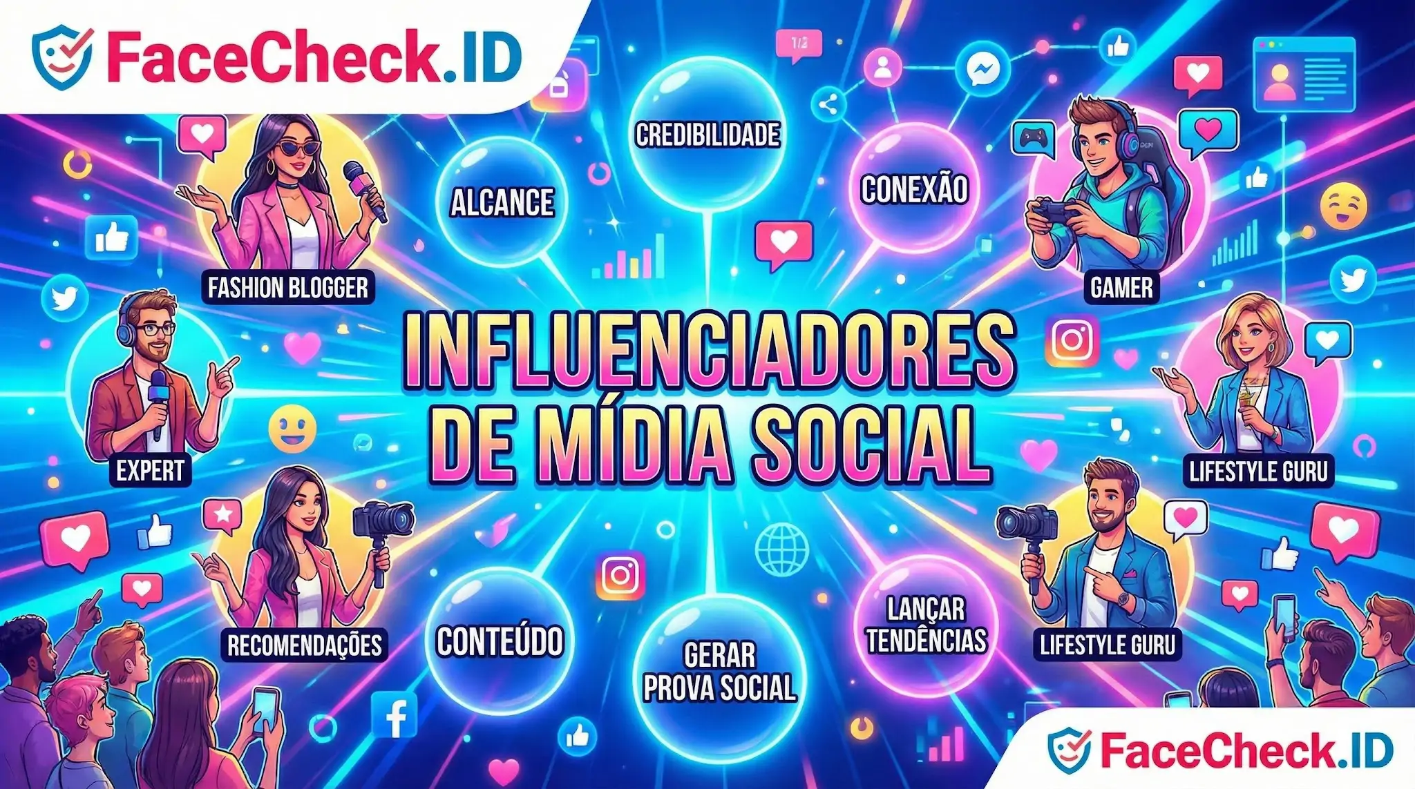 Influenciadores De Mídia Social Ilustração vibrante de diversos influenciadores de mídia social, como gamers e gurus, conectados a conceitos de marketing, alcance e credibilidade.
