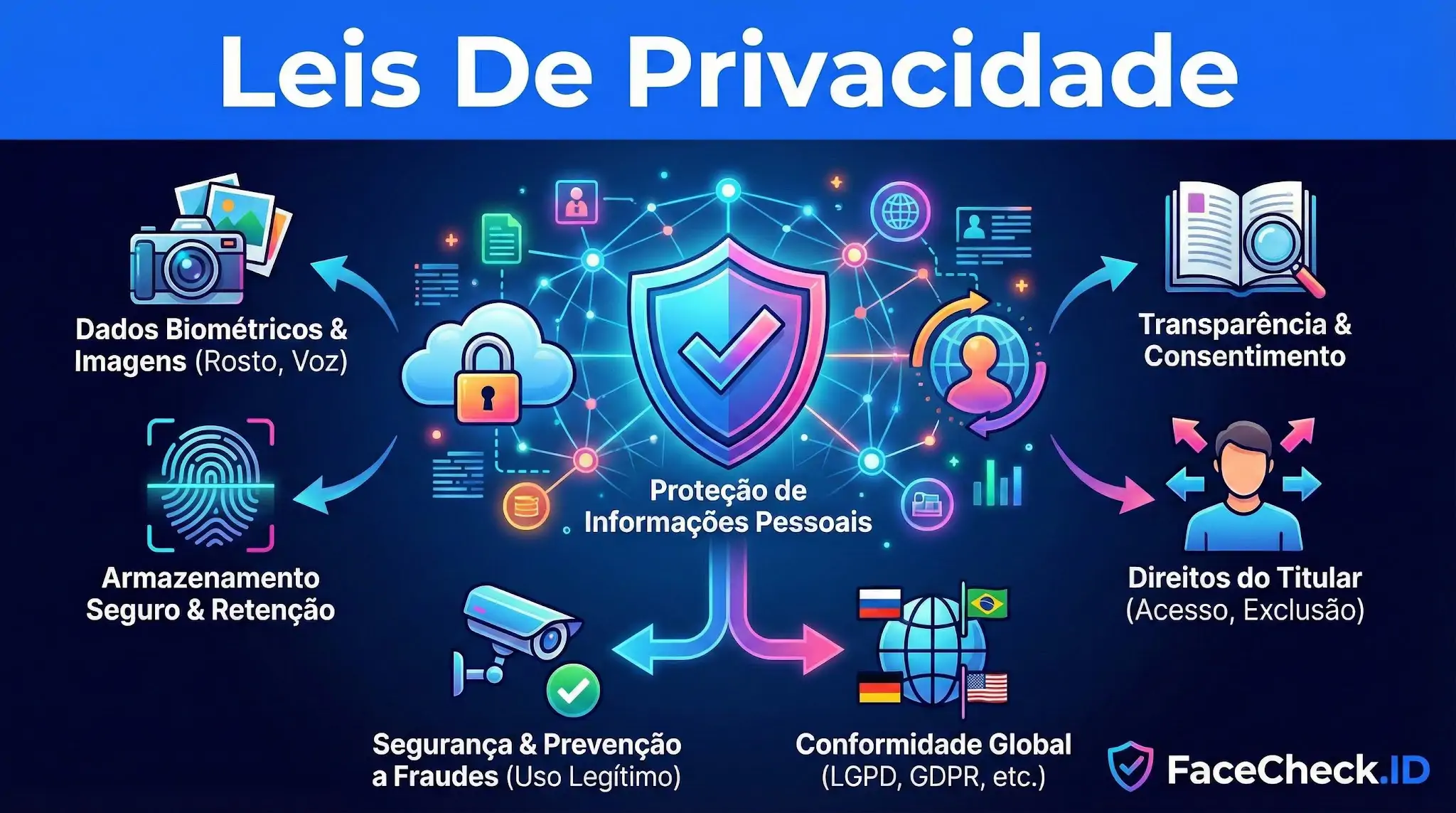 Leis De Privacidade Infográfico sobre Leis De Privacidade e proteção de dados, destacando direitos do titular, segurança e conformidade global como LGPD e GDPR.