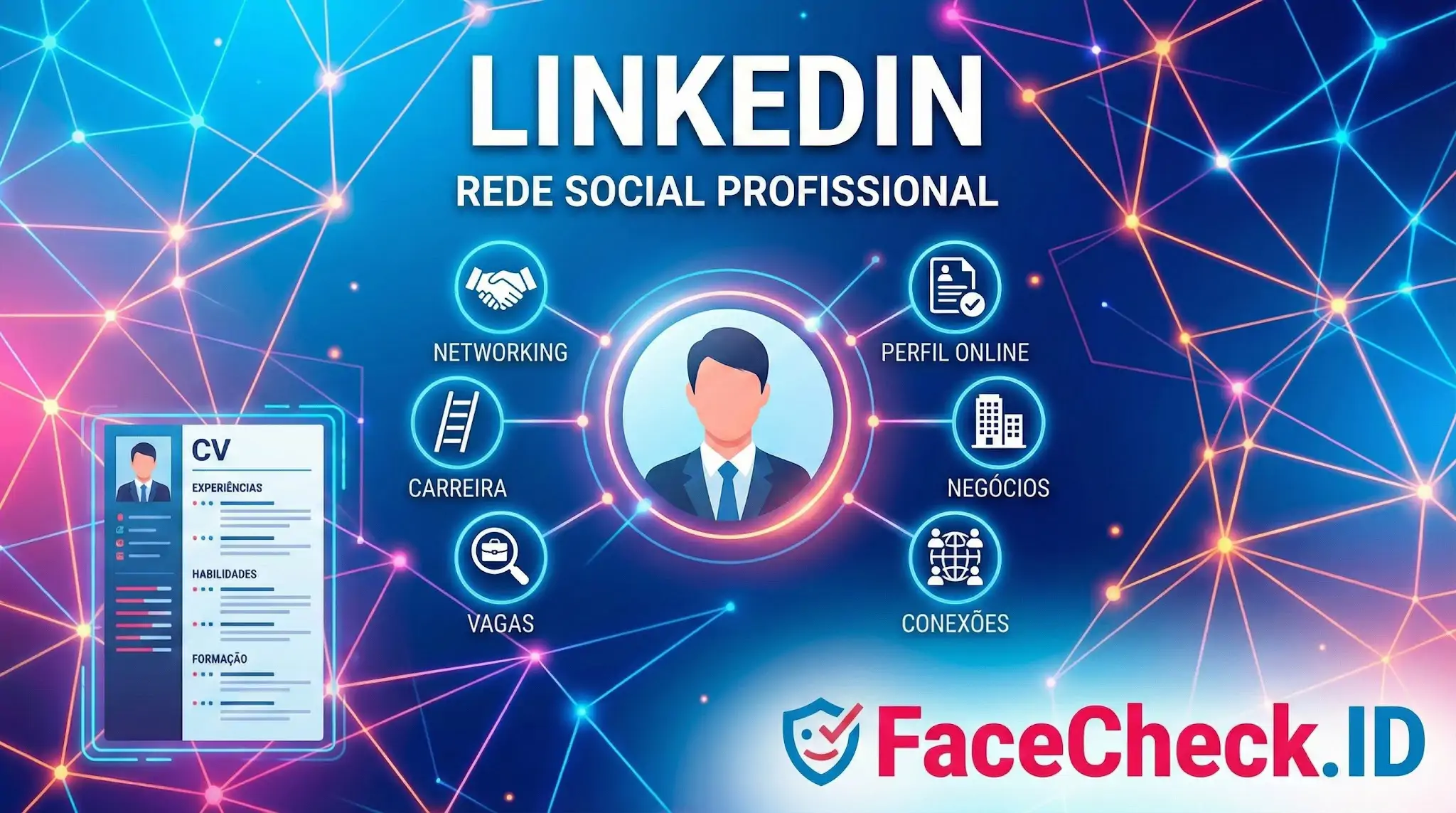 Ilustração digital sobre o LinkedIn como rede social profissional, mostrando um perfil central conectado a ícones de networking, carreira, vagas e negócios.