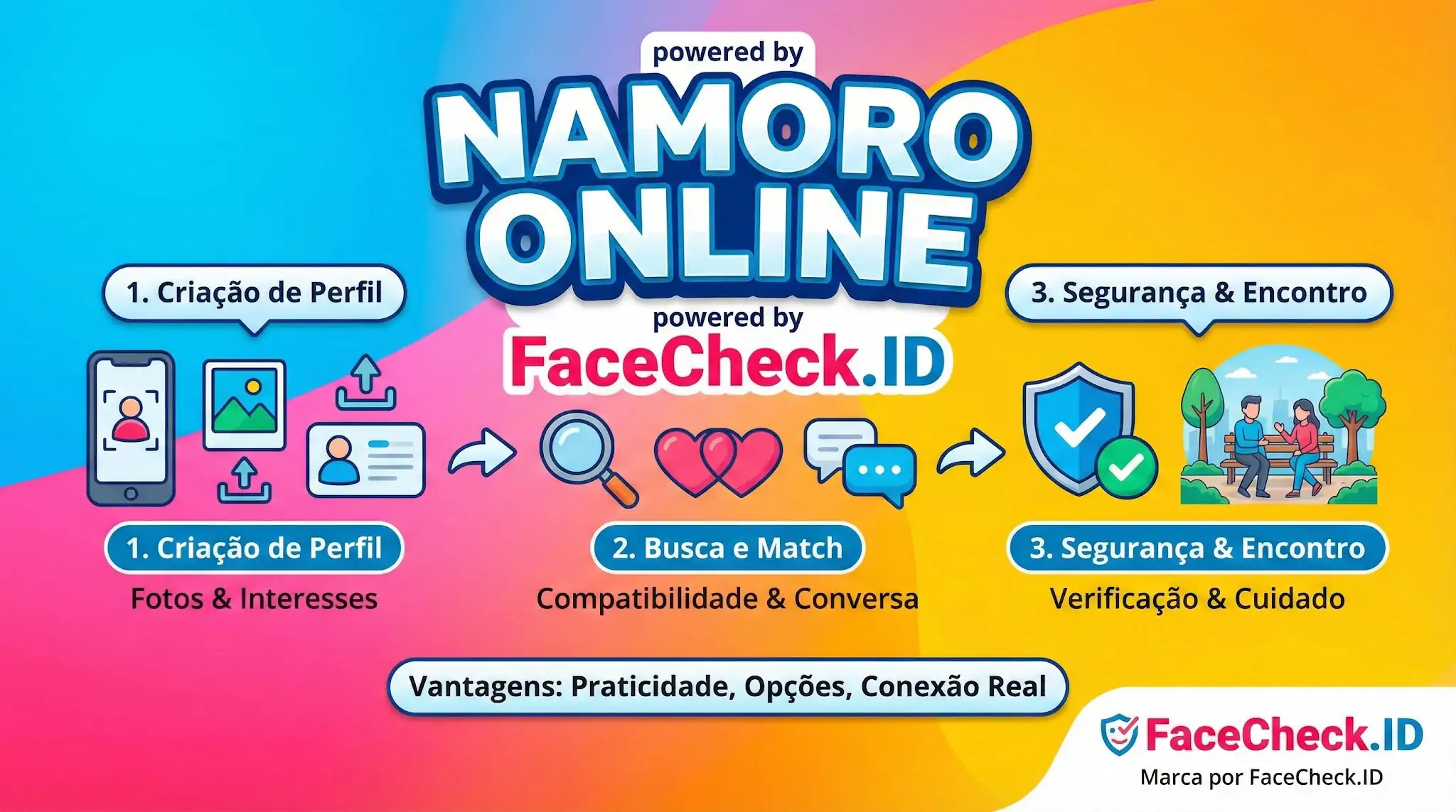 Infográfico Namoro Online mostrando 3 etapas: 1. Criação de Perfil, 2. Busca e Match e 3. Segurança & Encontro pela FaceCheck.ID.
