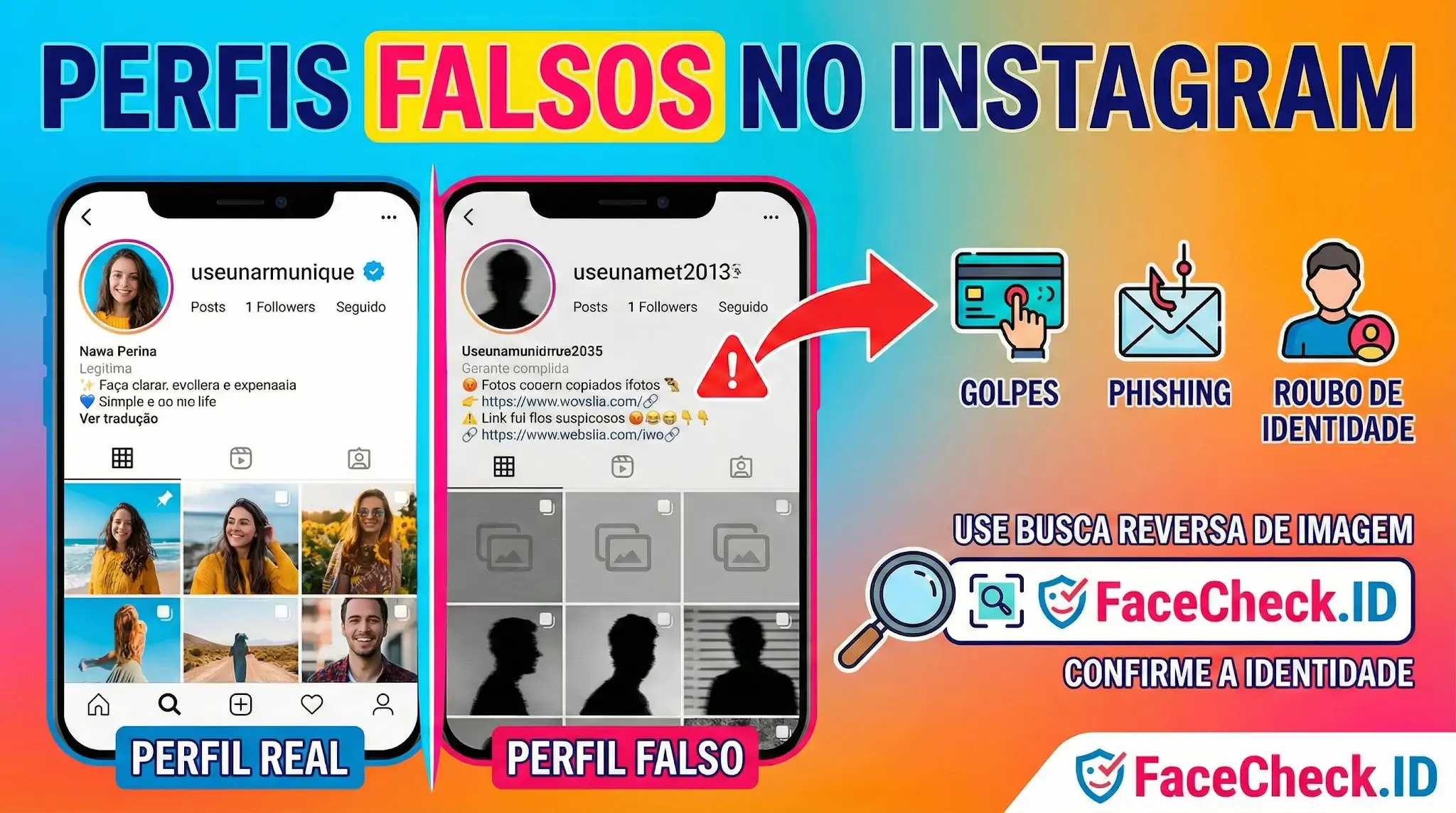 Infográfico comparando um perfil real com fotos nítidas e um dos perfis falsos no Instagram com silhueta e links suspeitos, alertando sobre golpes, phishing e roubo de identidade. Recomenda o uso do FaceCheck.ID para busca reversa de imagem.