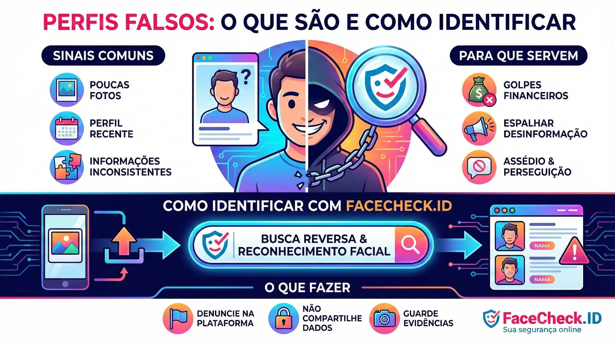 Infográfico sobre Perfis Falsos: aprenda a identificar sinais, evitar golpes e usar busca reversa facial com a ferramenta FaceCheck.ID.
