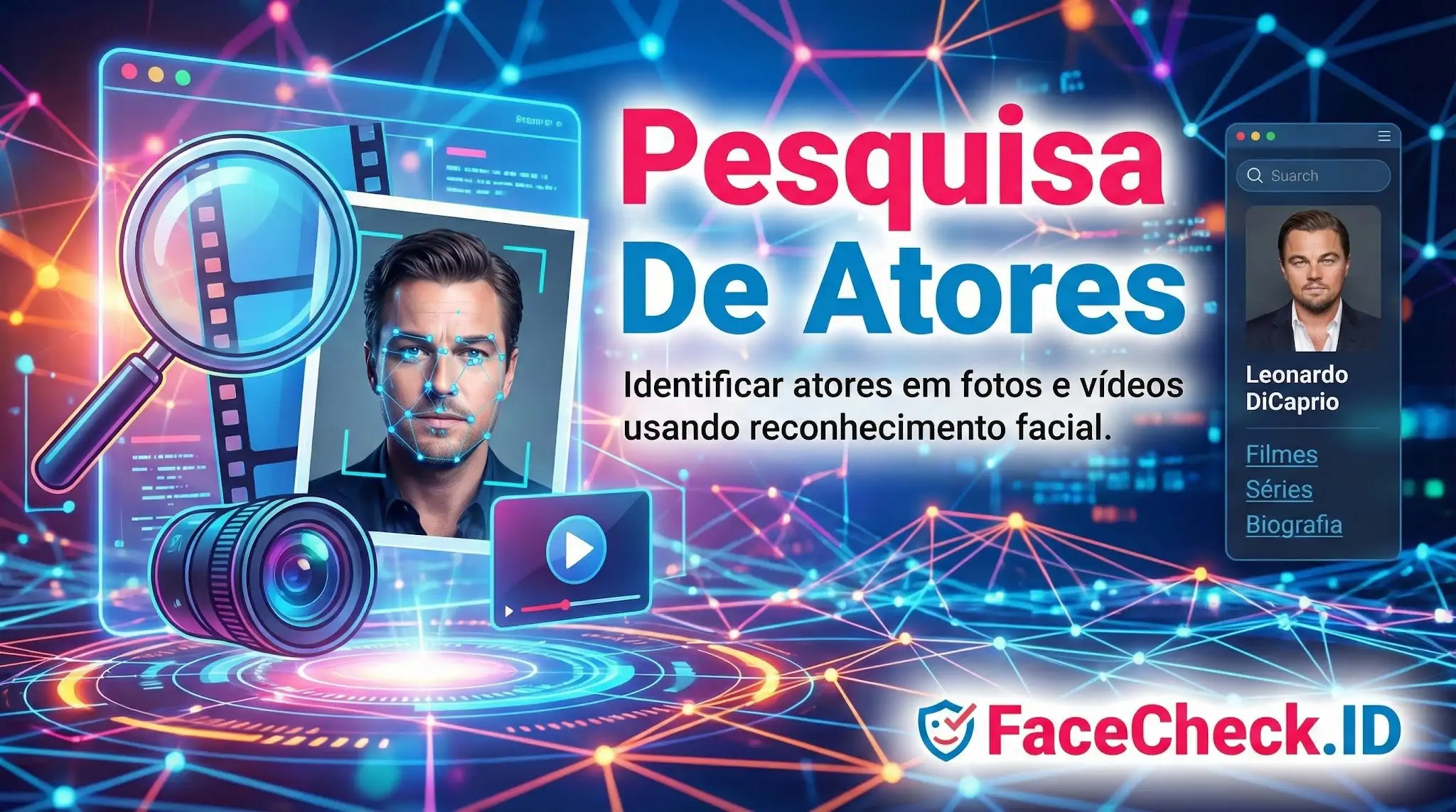 Ilustração futurista sobre Pesquisa de Atores via reconhecimento facial, mostrando uma lupa analisando um rosto com dados biométricos e resultados em um celular.