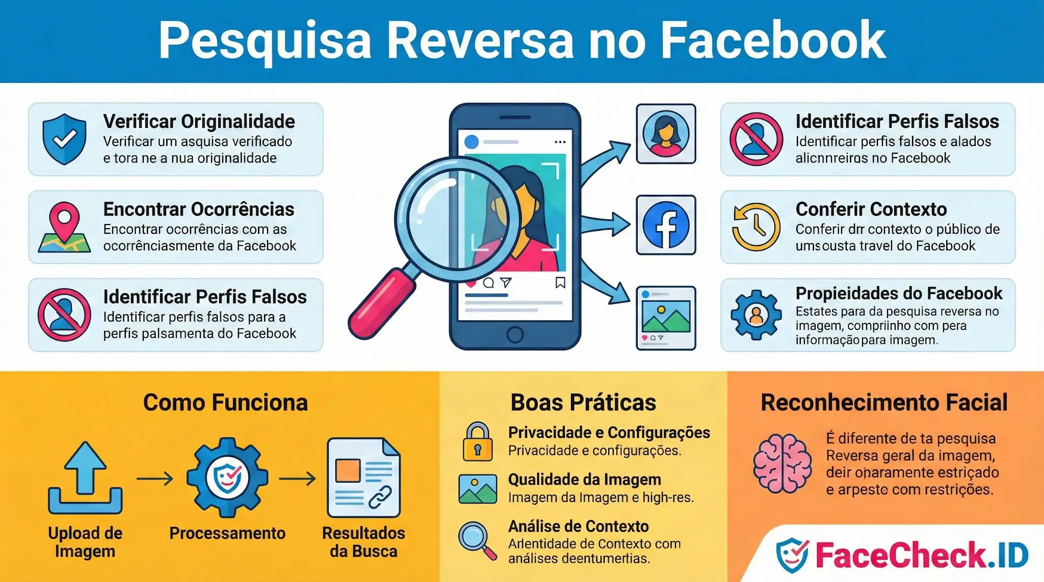 Infográfico explicativo sobre Pesquisa Reversa no Facebook, mostrando passo a passo como verificar perfis falsos, checar a originalidade de fotos e usar o FaceCheck.ID.