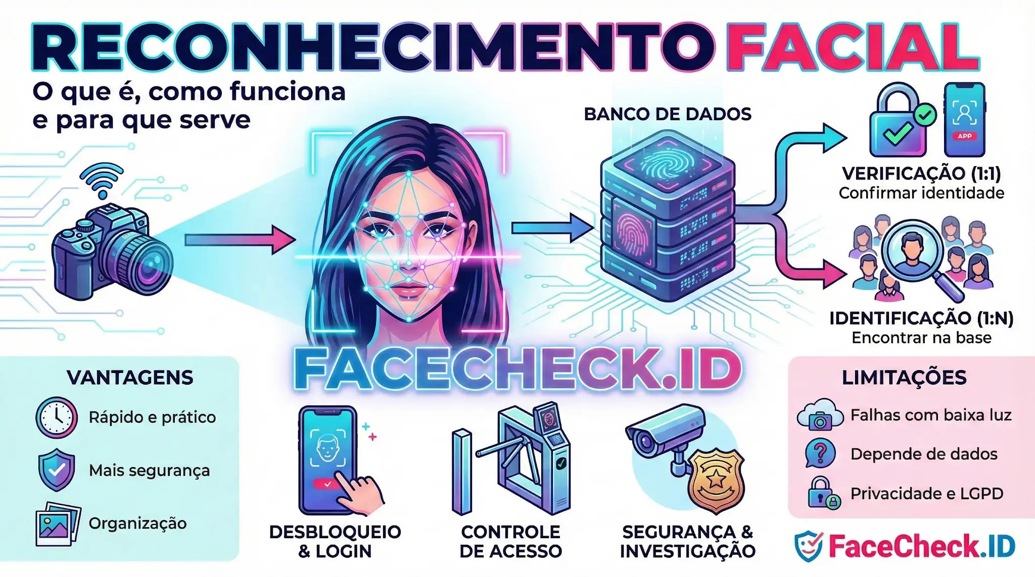 Infográfico explicativo sobre reconhecimento facial, ilustrando o processo de captura, análise de dados e aplicações como segurança e controle de acesso.