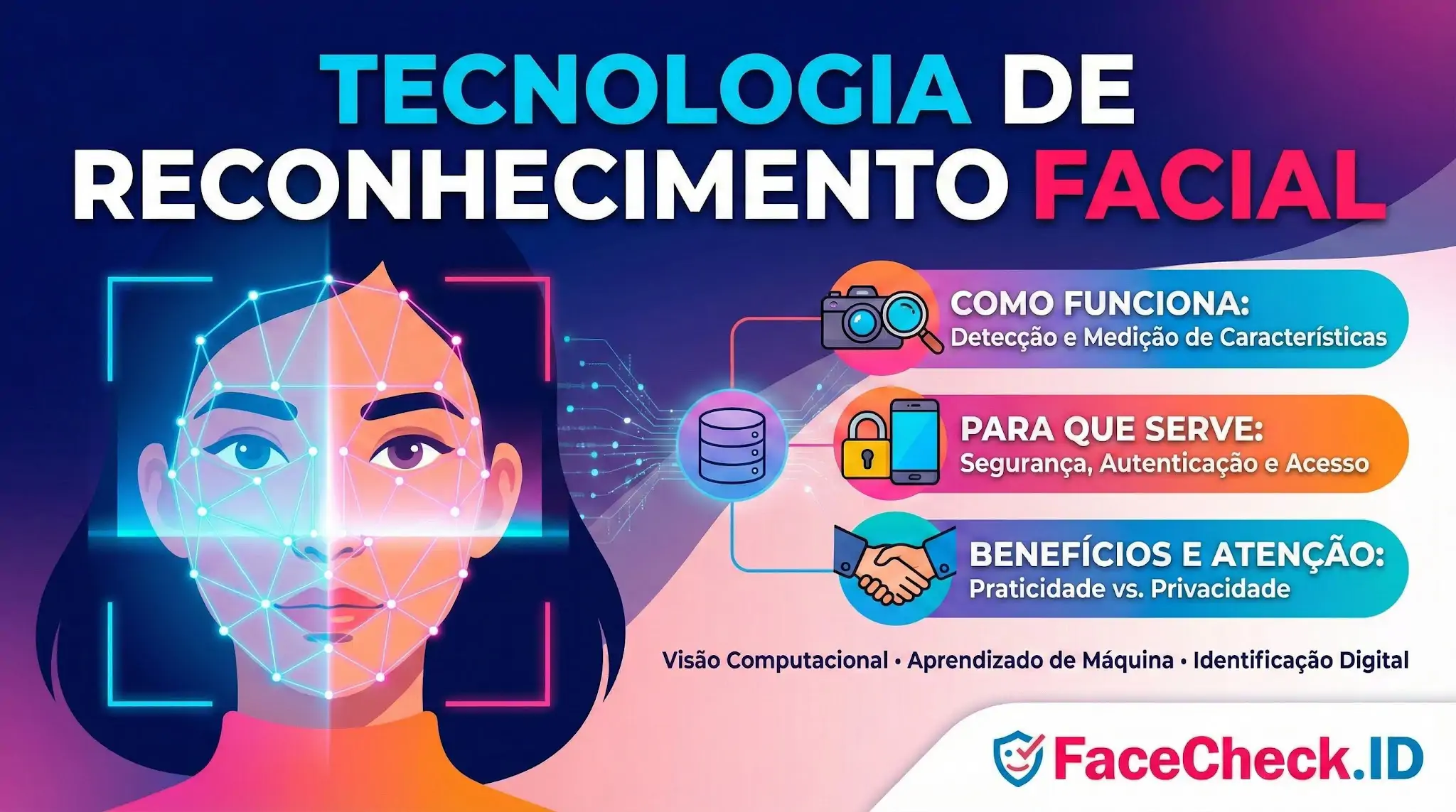 Infográfico sobre Tecnologia de Reconhecimento Facial ilustrando o escaneamento de um rosto e explicando como funciona a detecção, autenticação de segurança e privacidade.