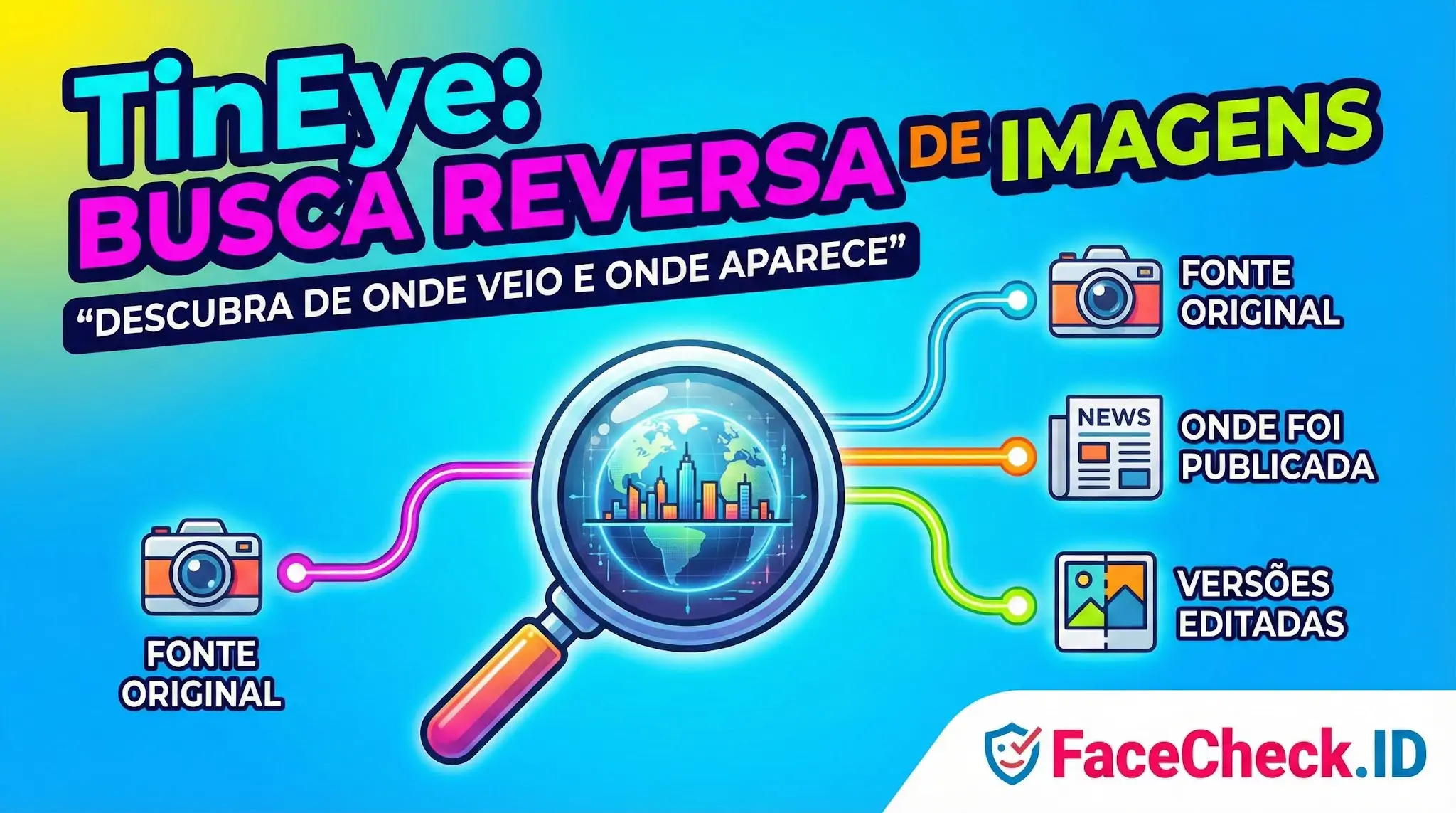 TinEye Gráfico sobre TinEye: Busca Reversa de Imagens ensina a descobrir a fonte original, onde a foto aparece e versões editadas.