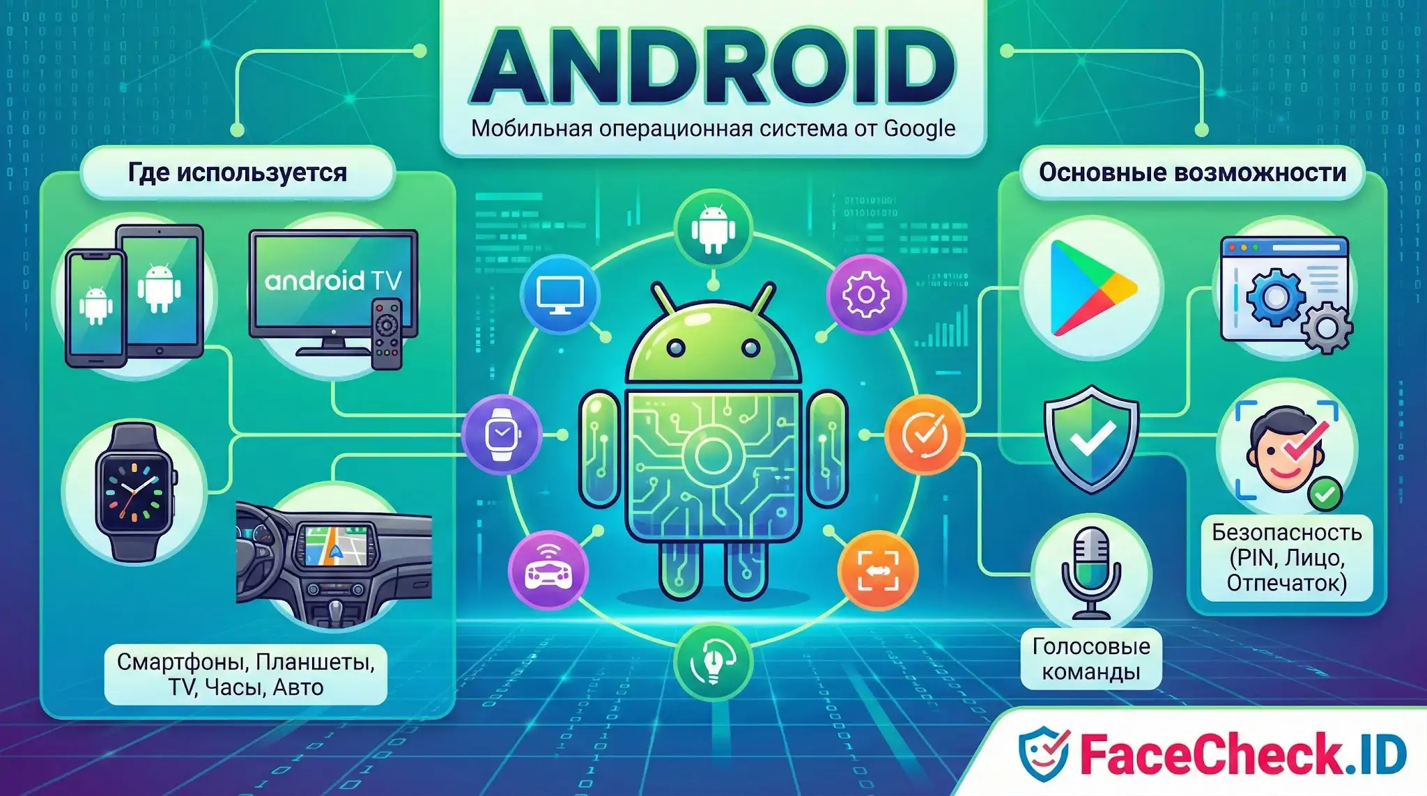 Инфографика Android: использование на смартфонах, ТВ, авто и часах, а также функции безопасности и голосового управления.