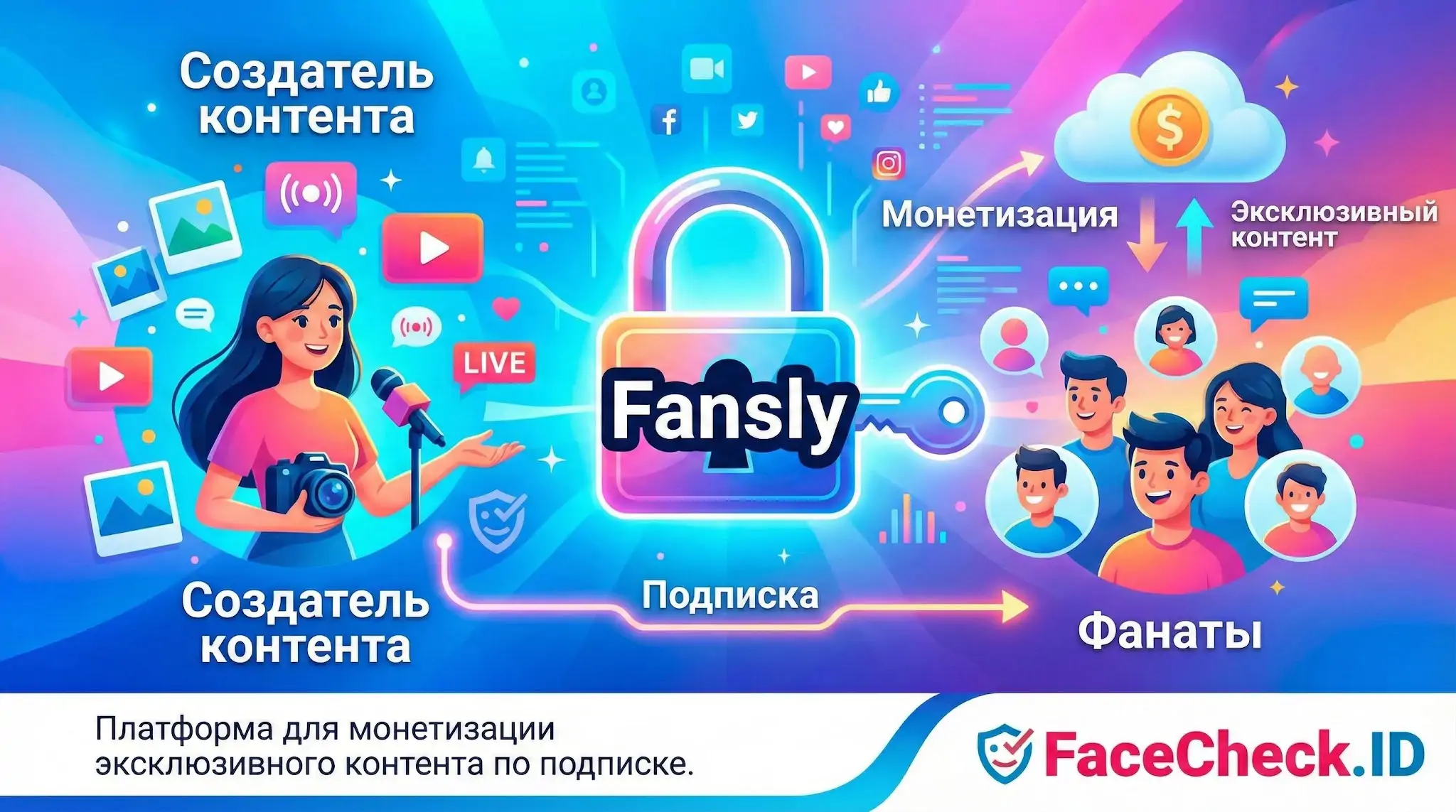 Схема работы платформы Fansly: создатель контента предлагает эксклюзивный доступ фанатам через платную подписку и монетизацию.