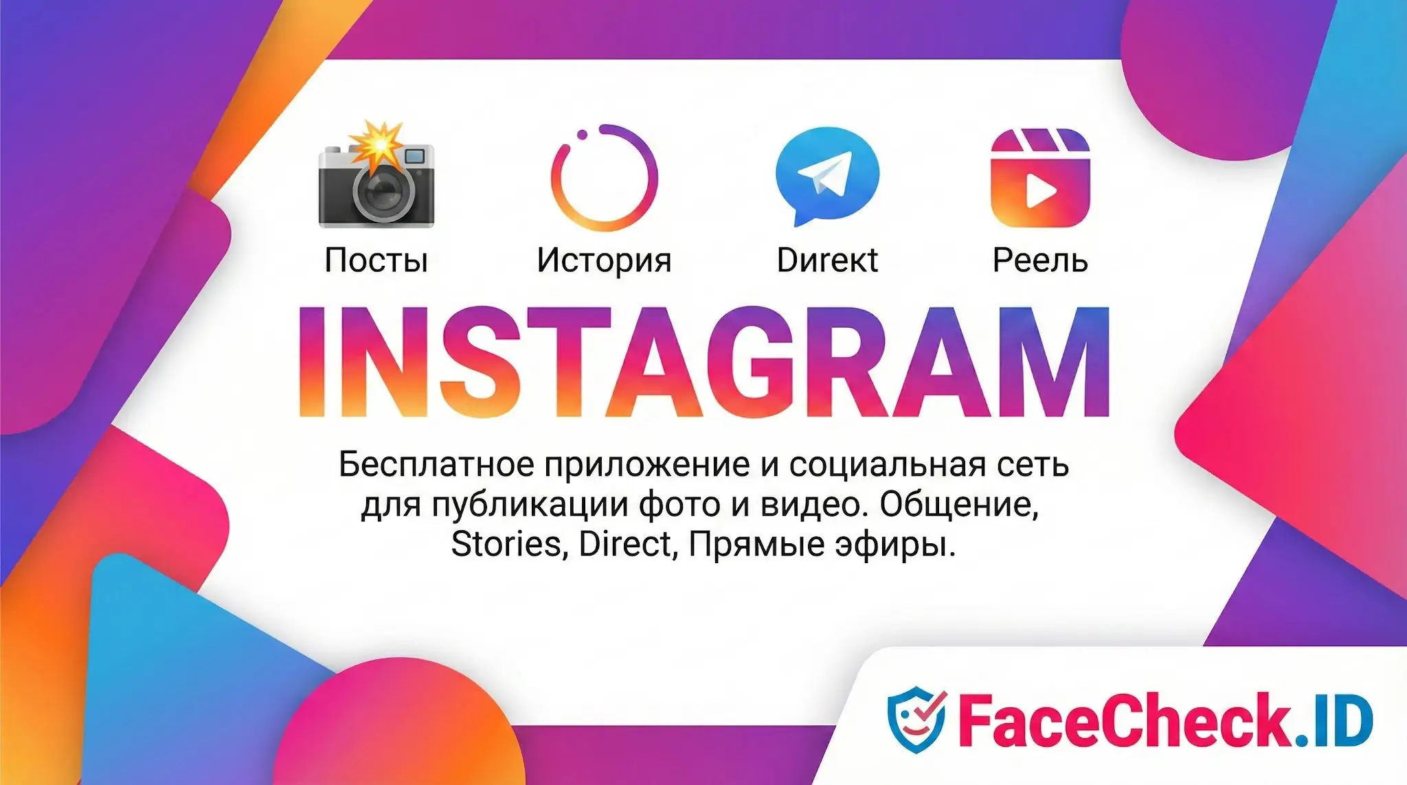 Инфографика Instagram с иконками постов, историй, директа и Reels и описанием функций соцсети