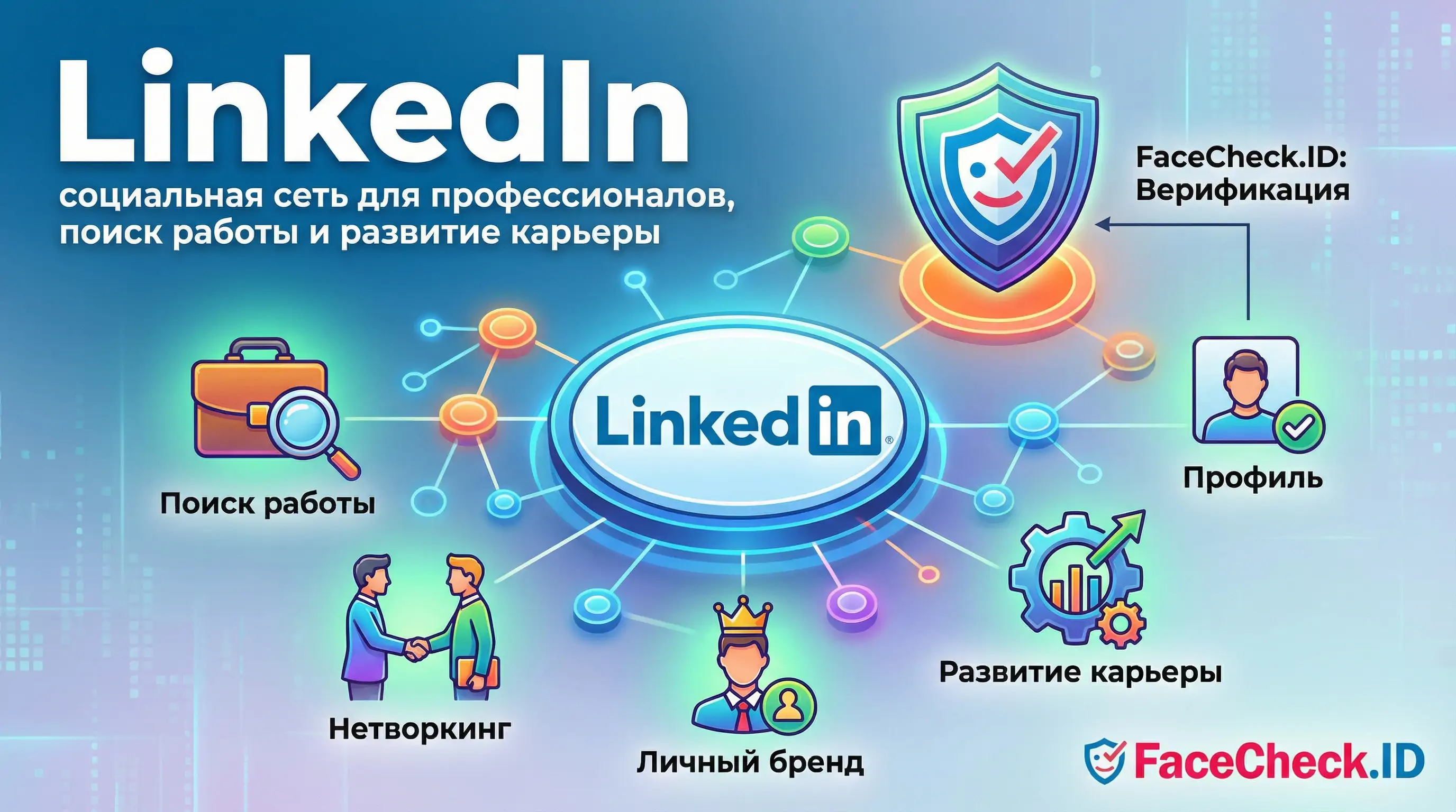 Инфографика LinkedIn: социальная сеть для поиска работы, развития карьеры, нетворкинга и верификации через FaceCheck.ID