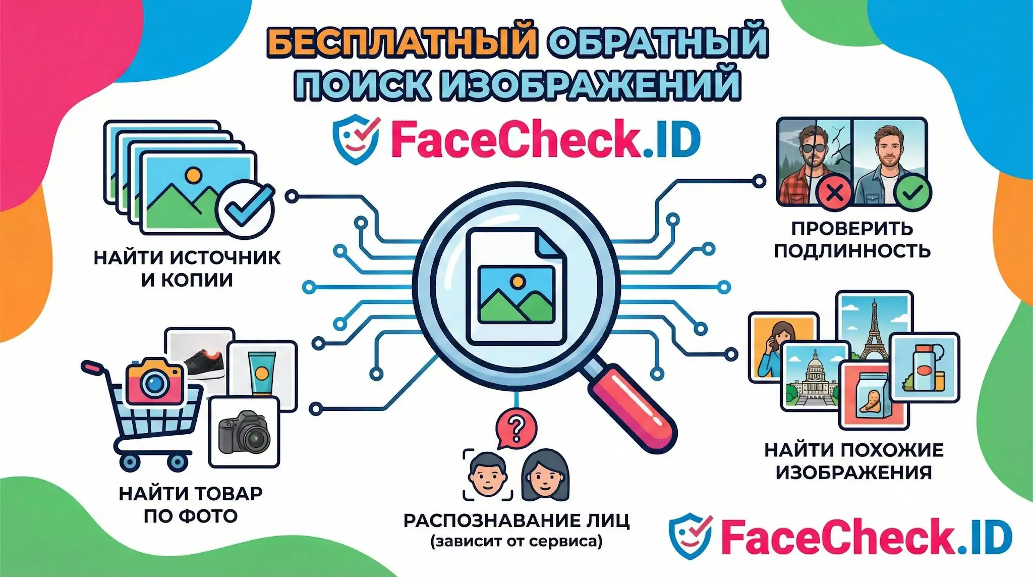 Бесплатный обратный поиск изображений FaceCheck.ID помогает найти источник фото, проверить подлинность, искать похожие картинки и товары