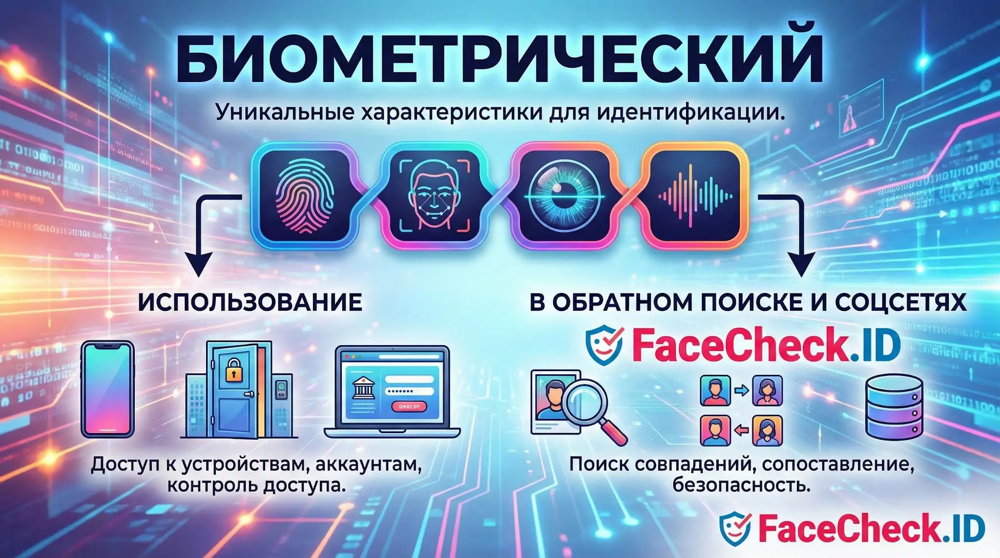 Биометрический метод идентификации: инфографика о распознавании лиц, отпечатков и голоса для доступа и поиска через FaceCheck.ID.