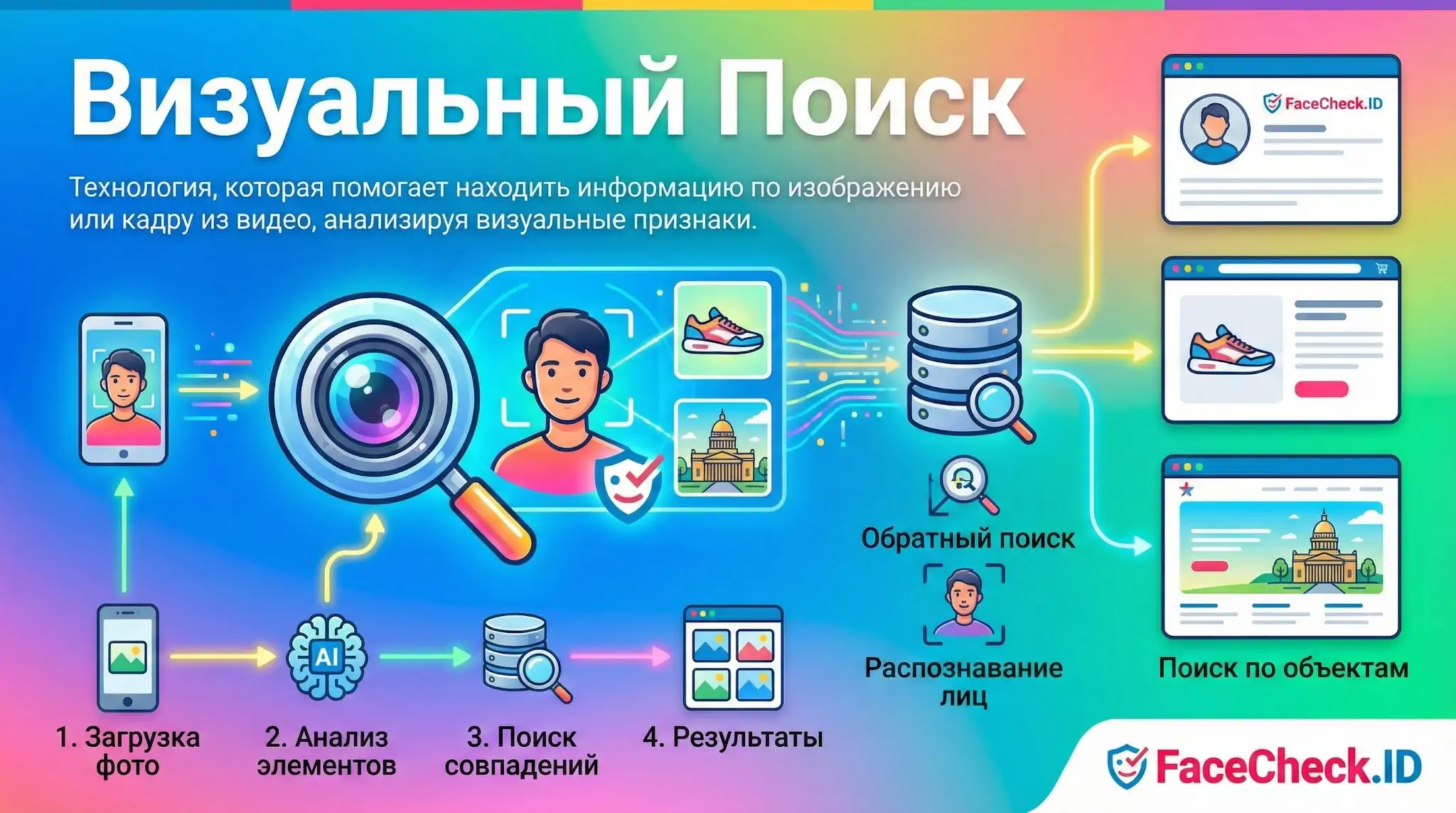 Инфографика: как работает визуальный поиск, анализируя фото людей, товары и здания для поиска информации.