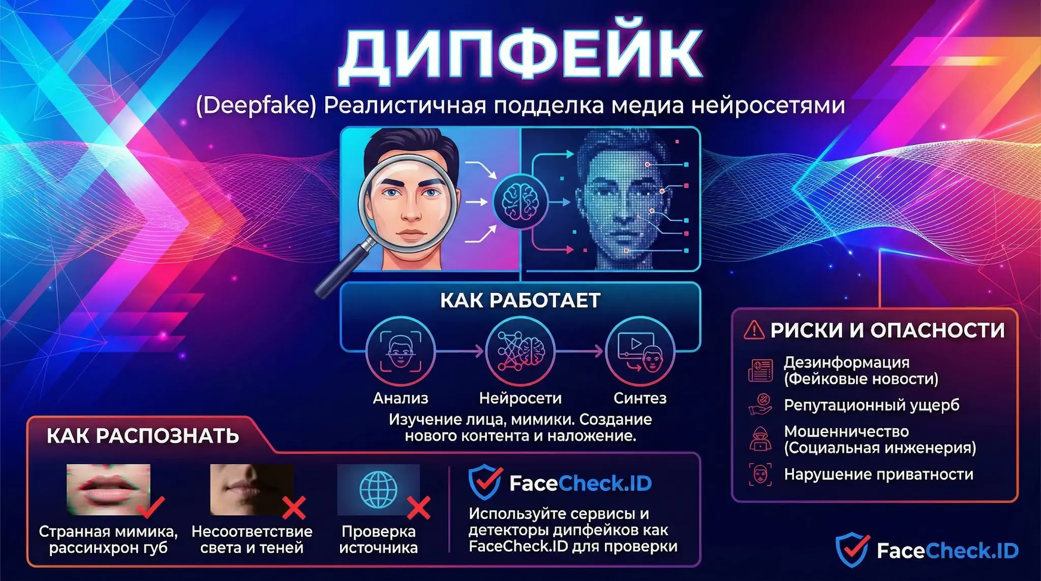 Инфографика про дипфейк: принцип работы нейросетей, риски мошенничества и способы распознать подделку по мимике и теням.