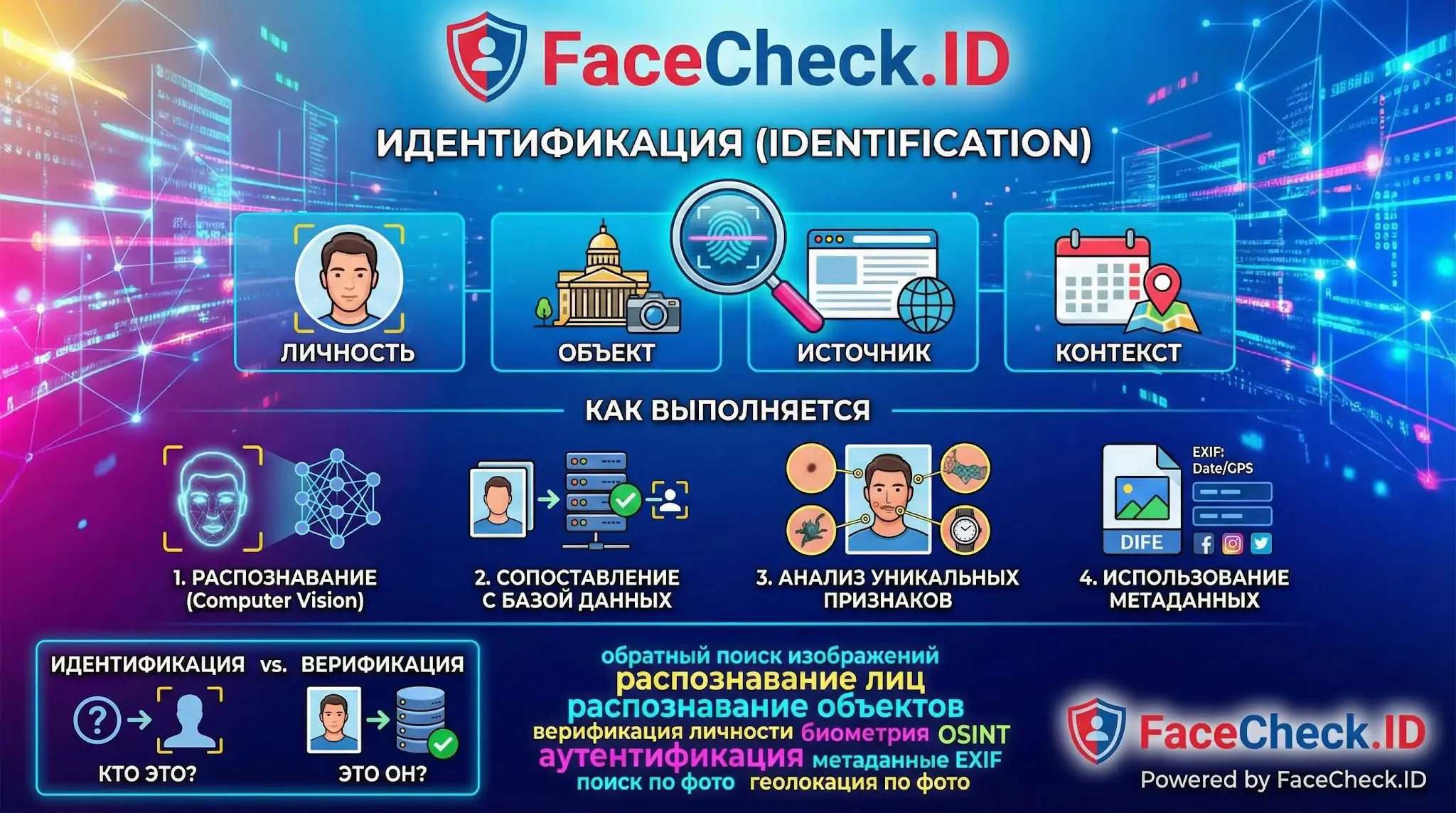 Инфографика FaceCheck.ID, описывающая процесс идентификации по фото: распознавание лиц, сопоставление с базой данных и анализ уникальных признаков.