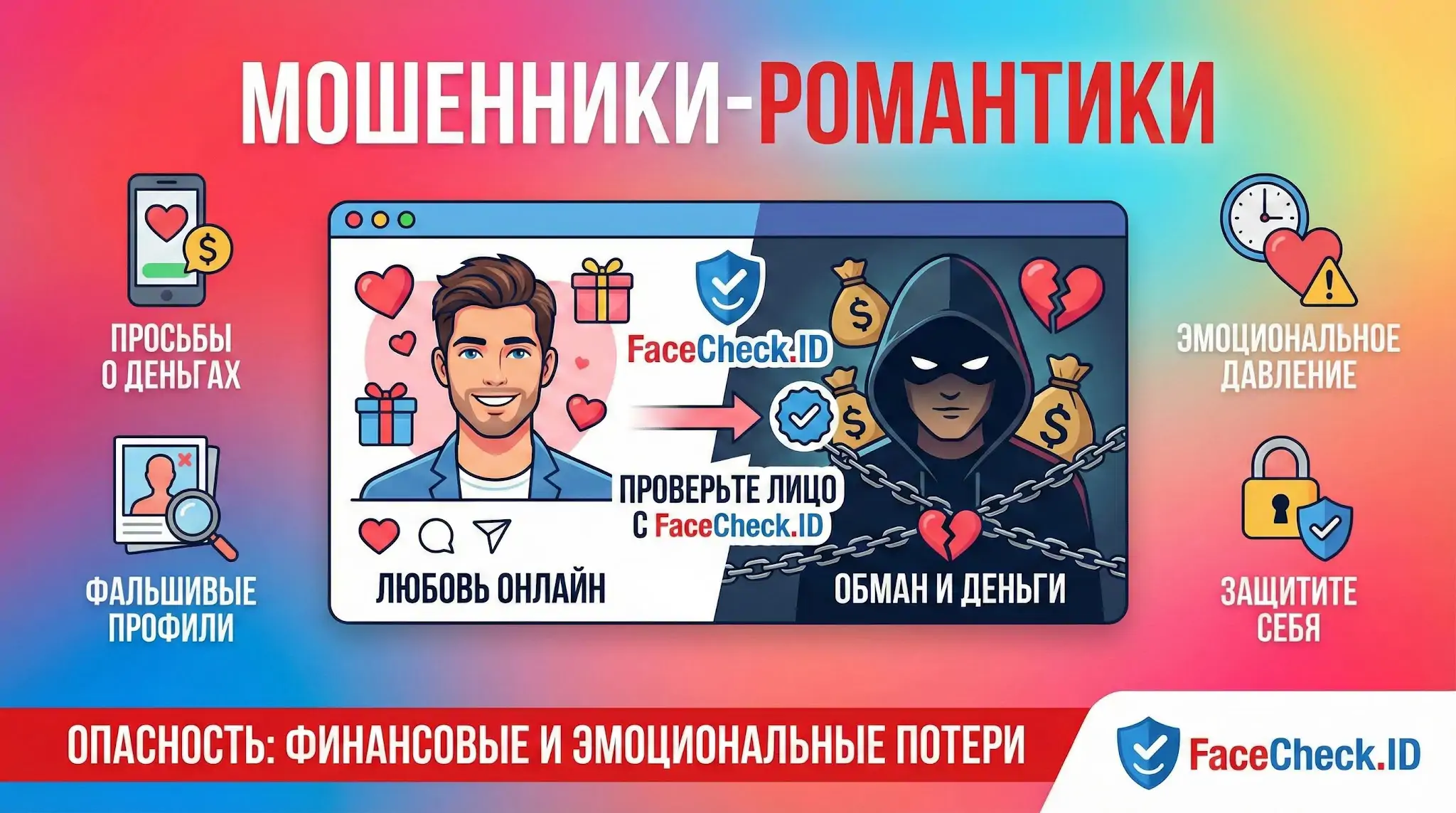 Инфографика Мошенники-Романтики: как распознать аферистов в интернете и защитить себя с помощью проверки фото через FaceCheck.ID